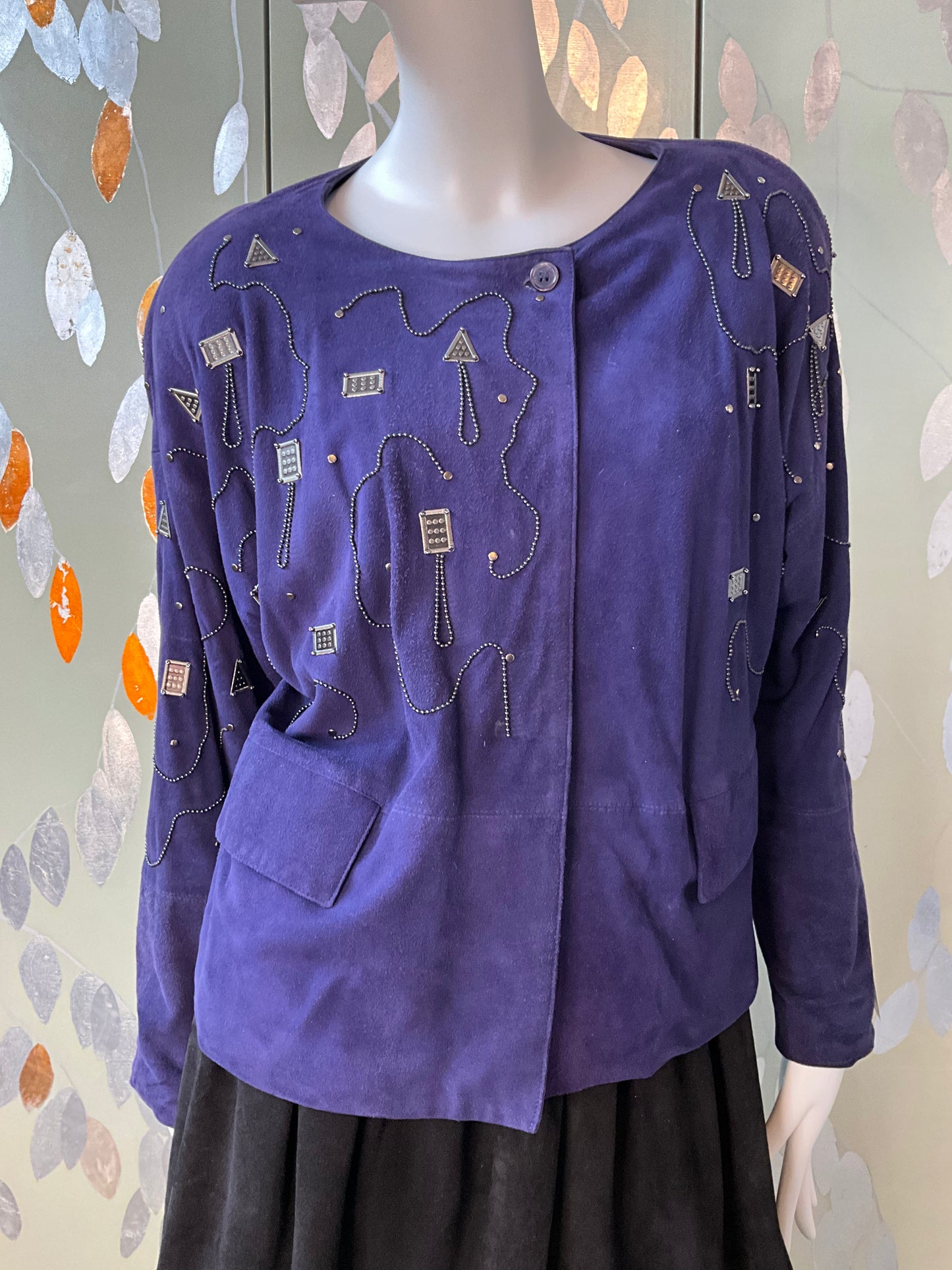 Vintage 1980s Blue Purple Suede Embellished Jacket, M/L