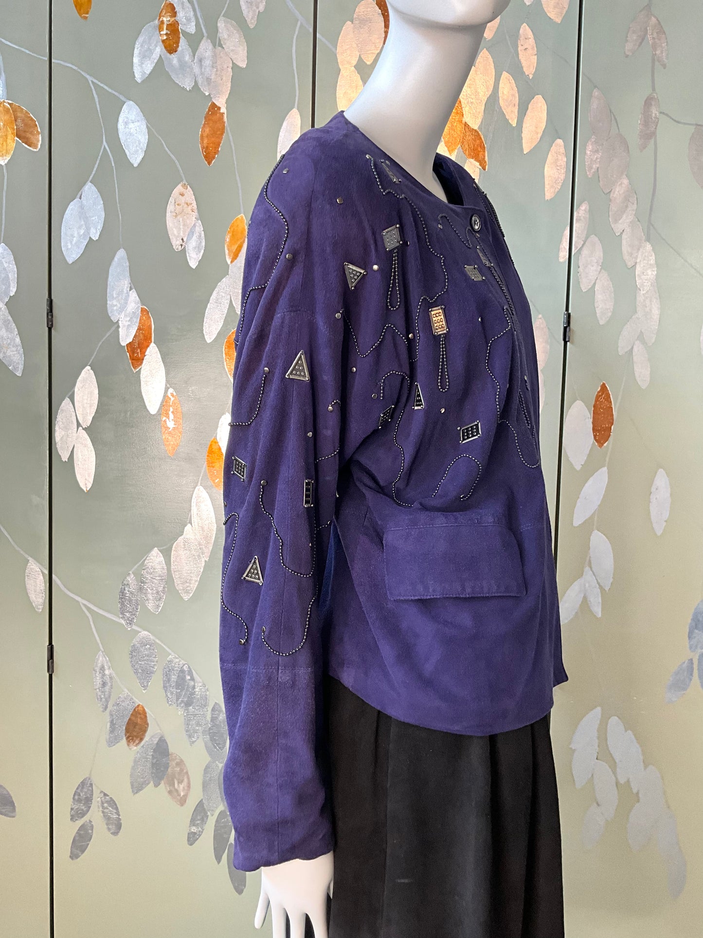 Vintage 1980s Blue Purple Suede Embellished Jacket, M/L
