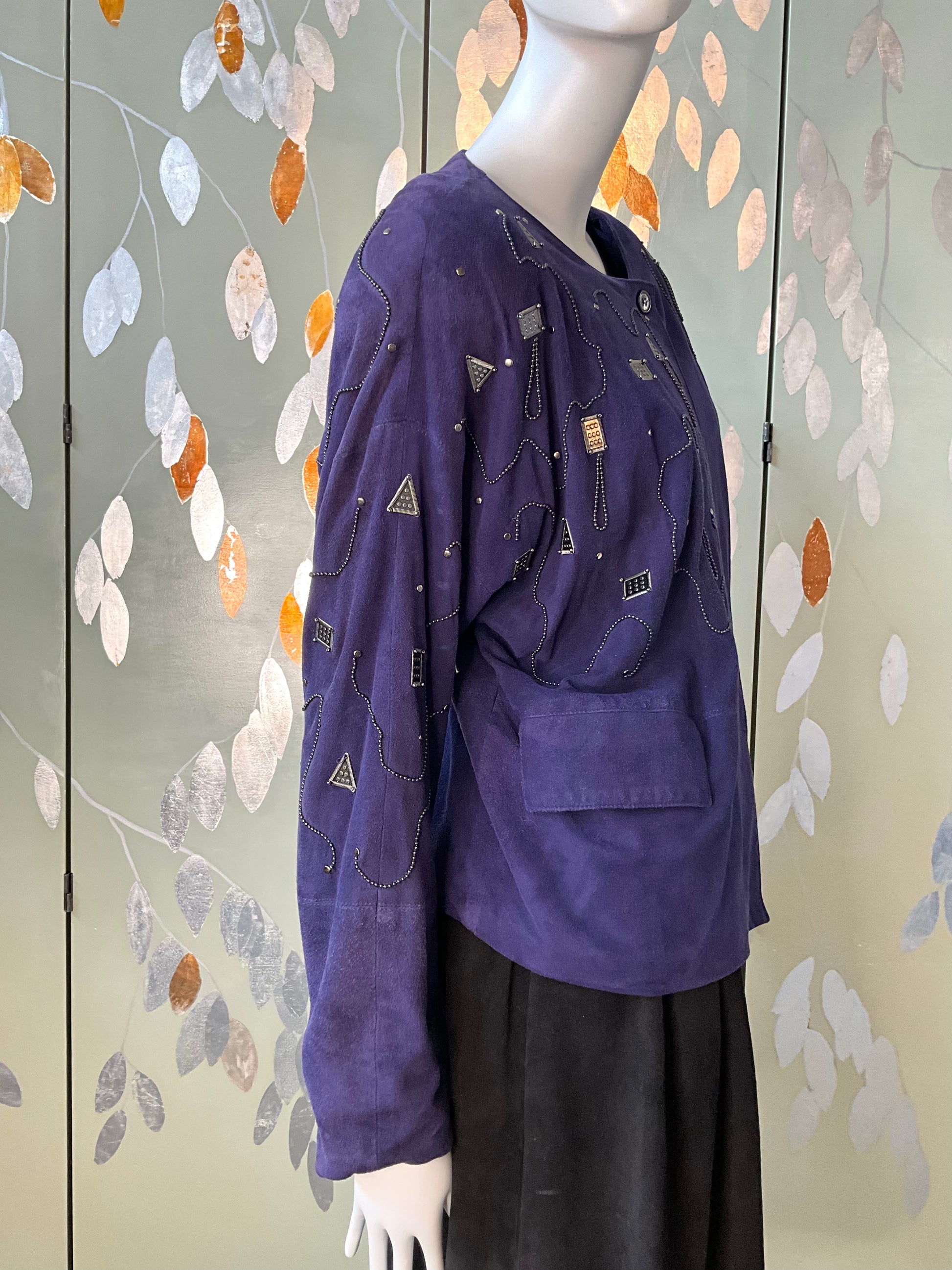 Vintage 1980s Blue Purple Suede Embellished Jacket, M/L