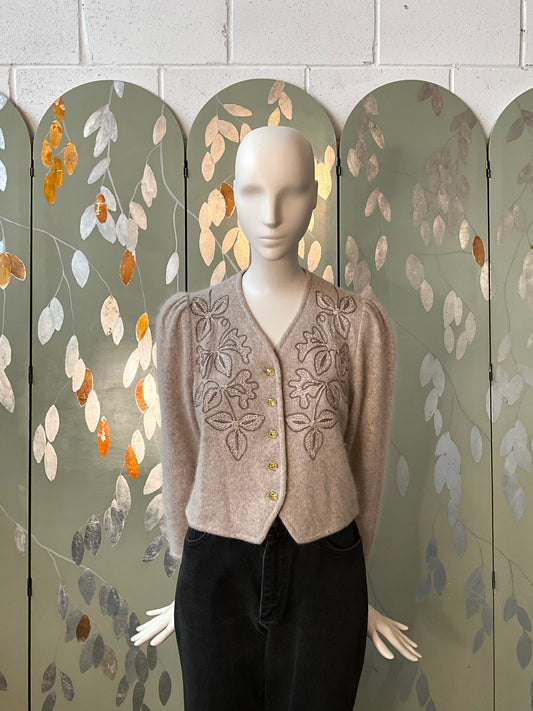 Vintage 1980s Oatmeal Embroidered Puff Sleeve Cropped Cardigan, Small 