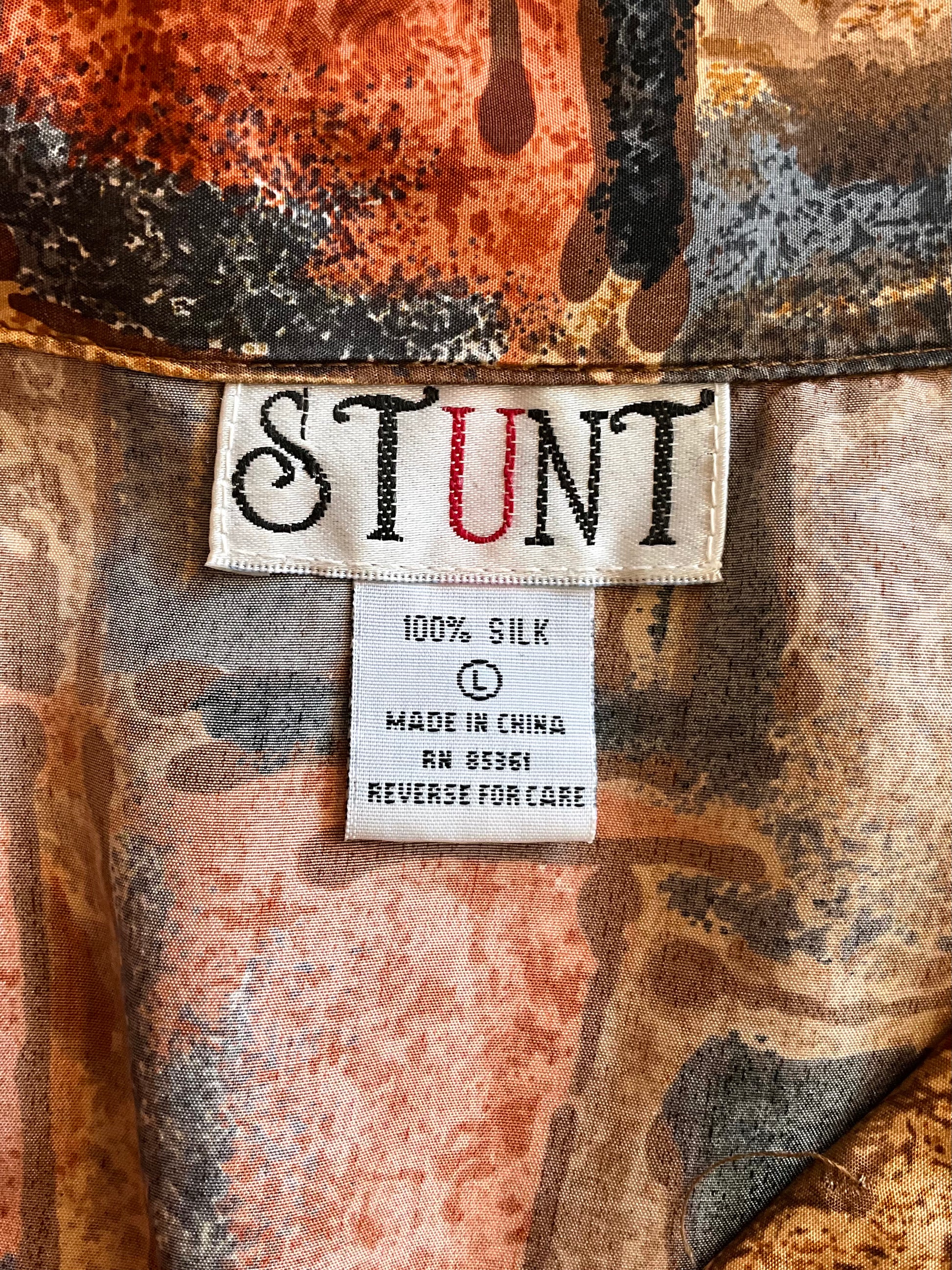 Vintage 1980s Brown Grey Autumnal Geometric Print Long Sleeve Silk Blouse, Large 