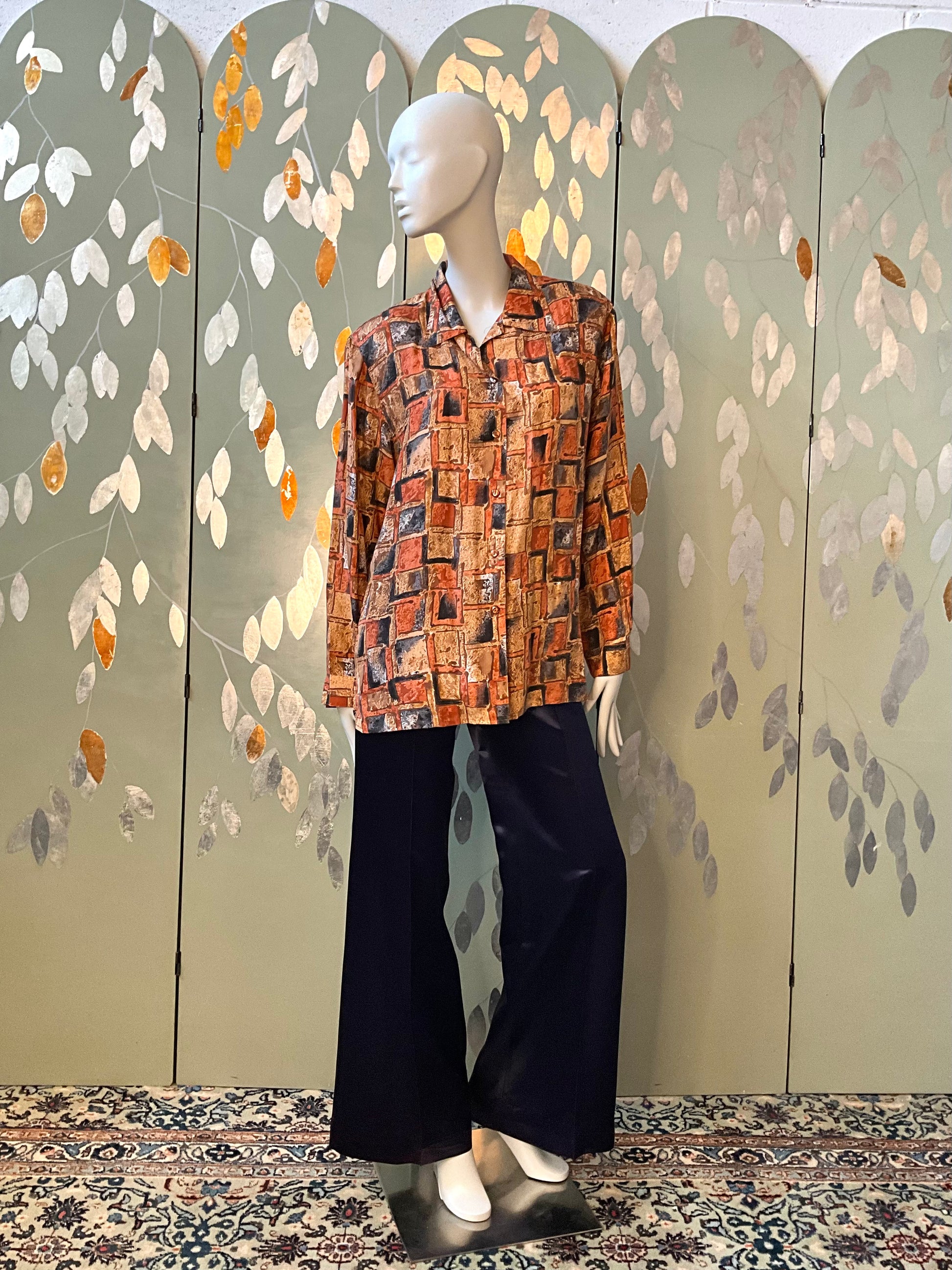 Vintage 1980s Brown Grey Autumnal Geometric Print Long Sleeve Silk Blouse, Large 