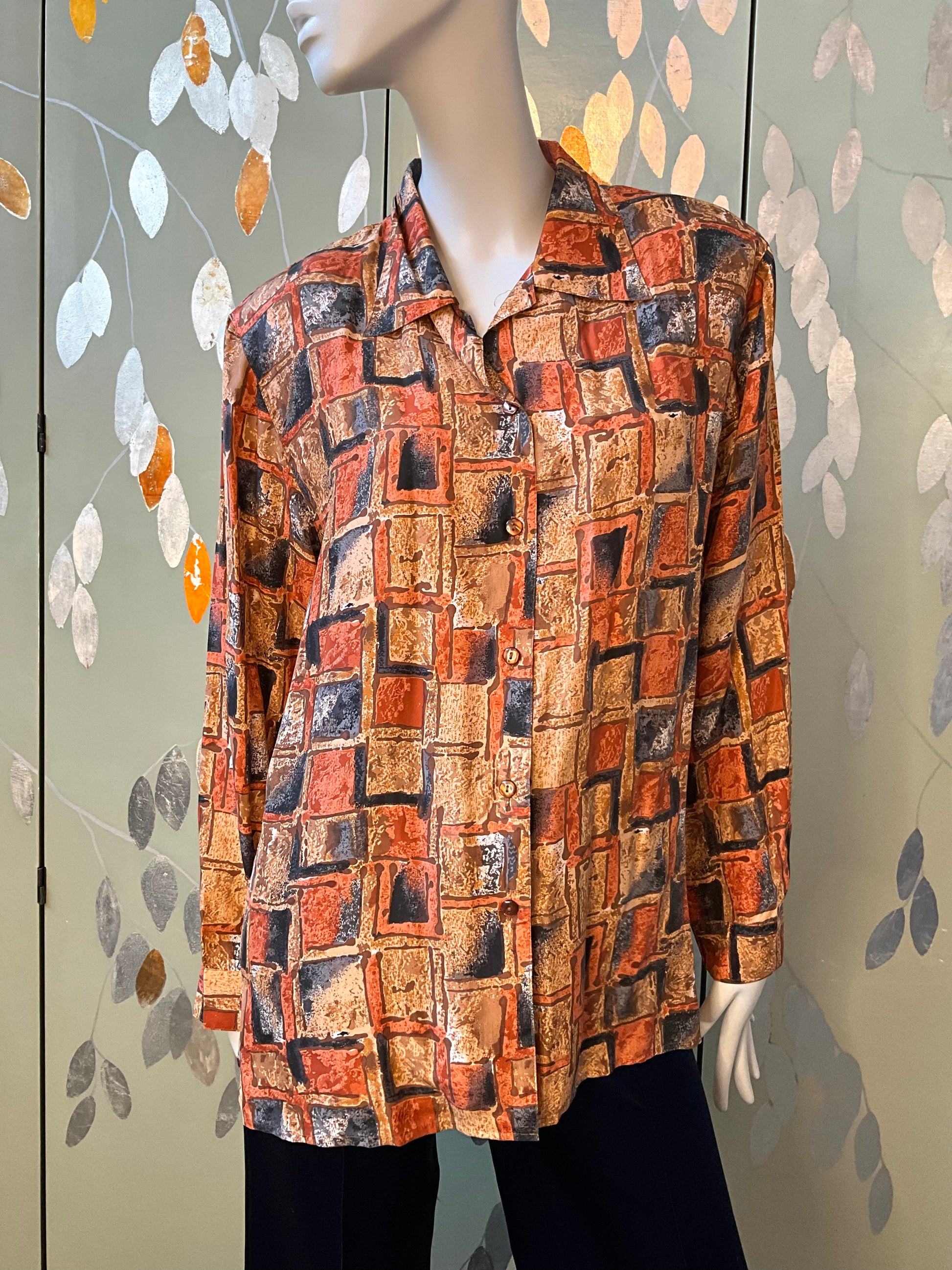 Vintage 1980s Brown Grey Autumnal Geometric Print Long Sleeve Silk Blouse, Large 