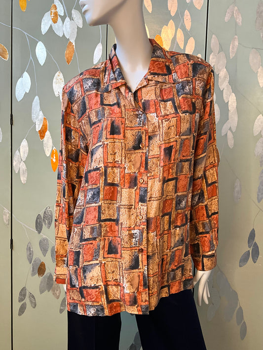 Vintage 1980s Brown Grey Autumnal Geometric Print Long Sleeve Silk Blouse, Large 