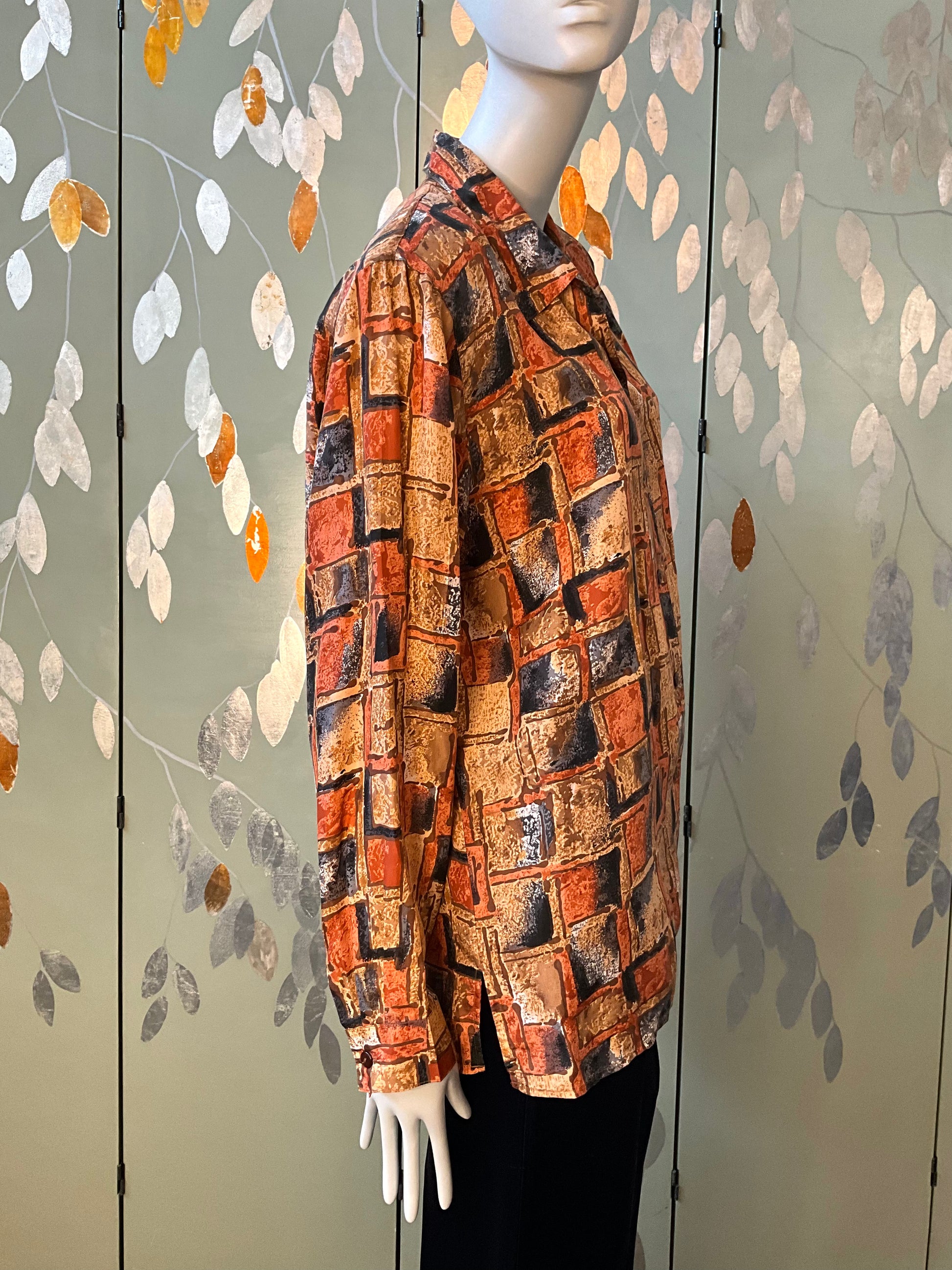 Vintage 1980s Brown Grey Autumnal Geometric Print Long Sleeve Silk Blouse, Large 