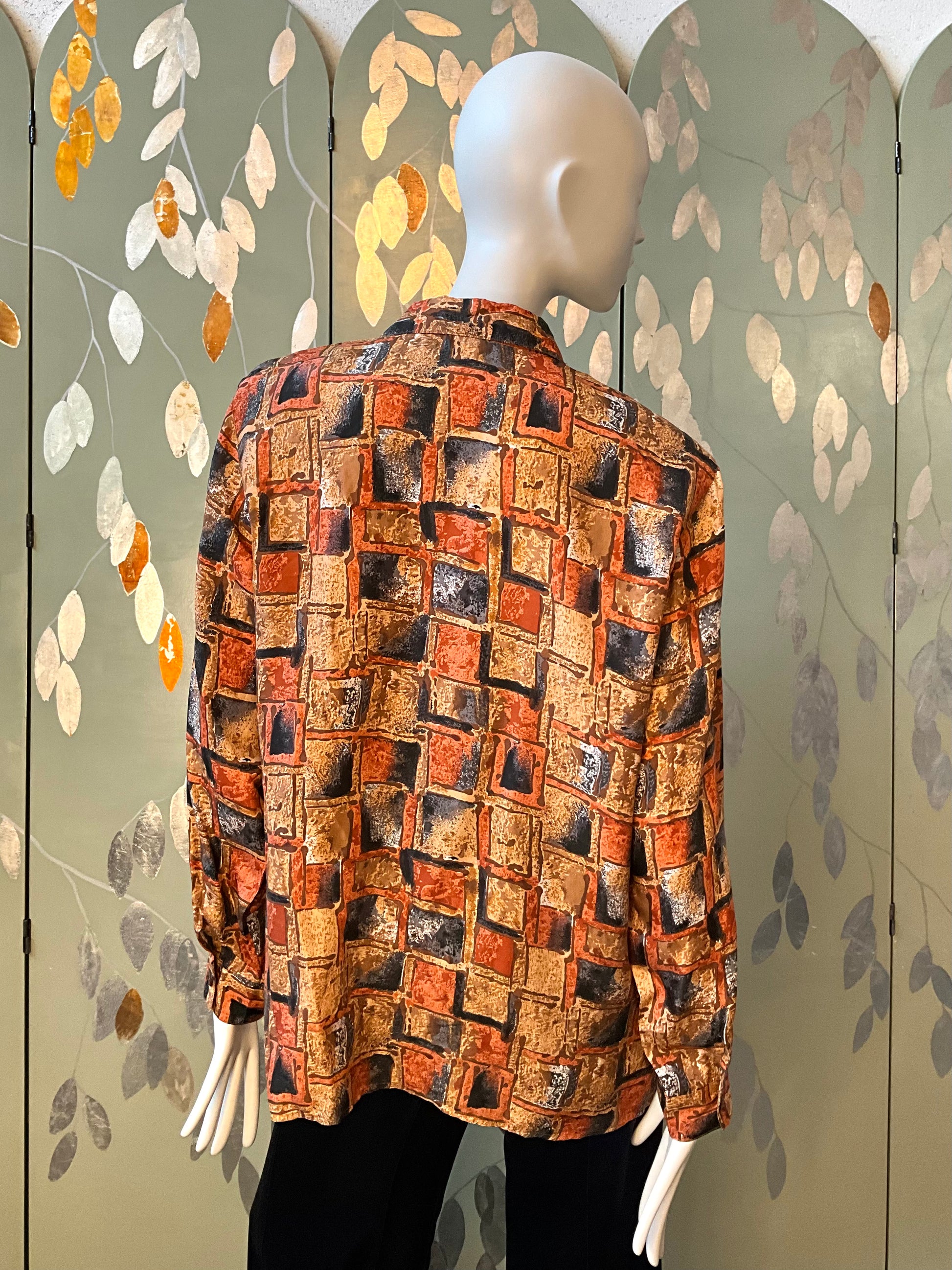 Vintage 1980s Brown Grey Autumnal Geometric Print Long Sleeve Silk Blouse, Large 