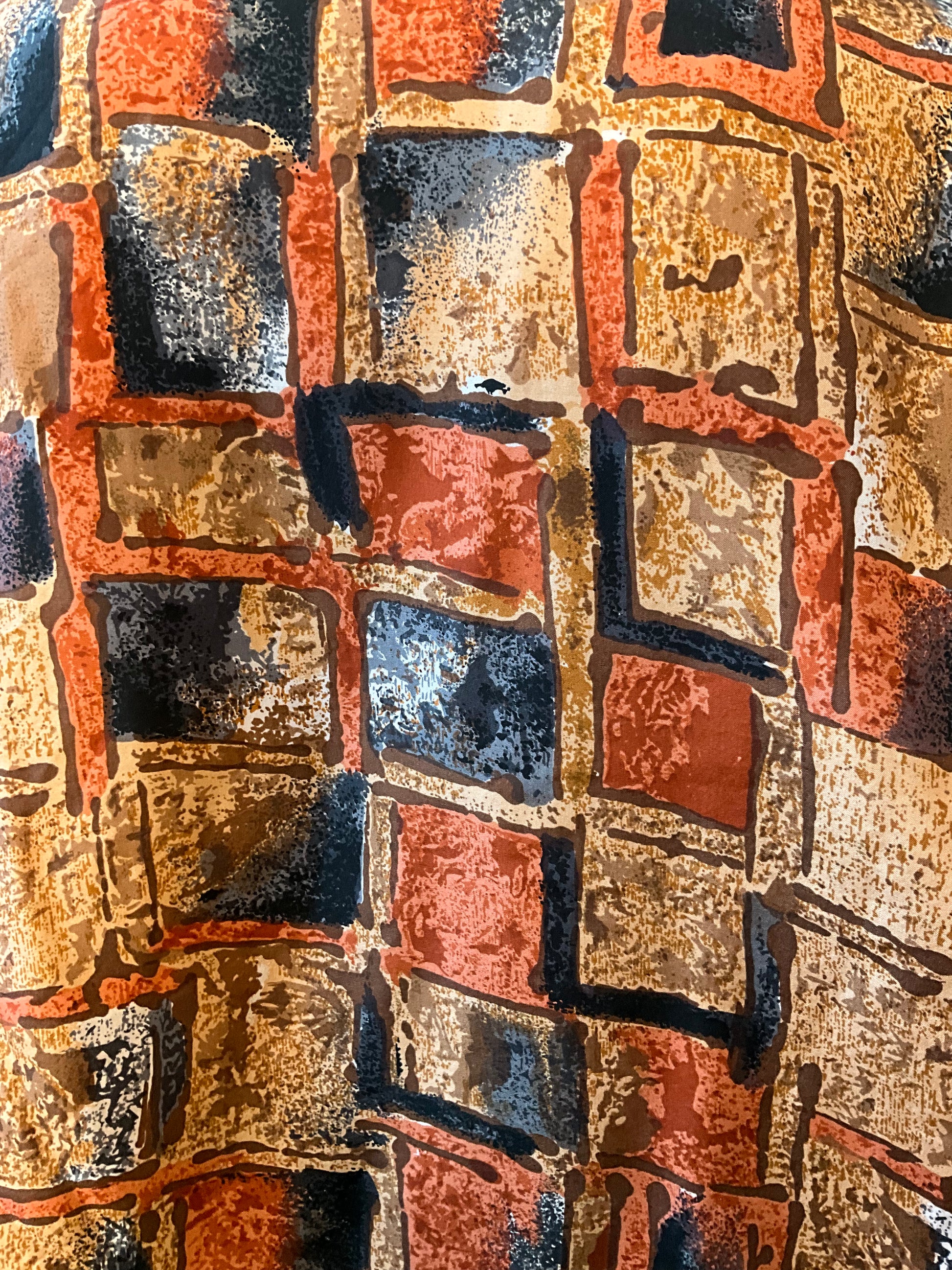 Vintage 1980s Brown Grey Autumnal Geometric Print Long Sleeve Silk Blouse, Large 