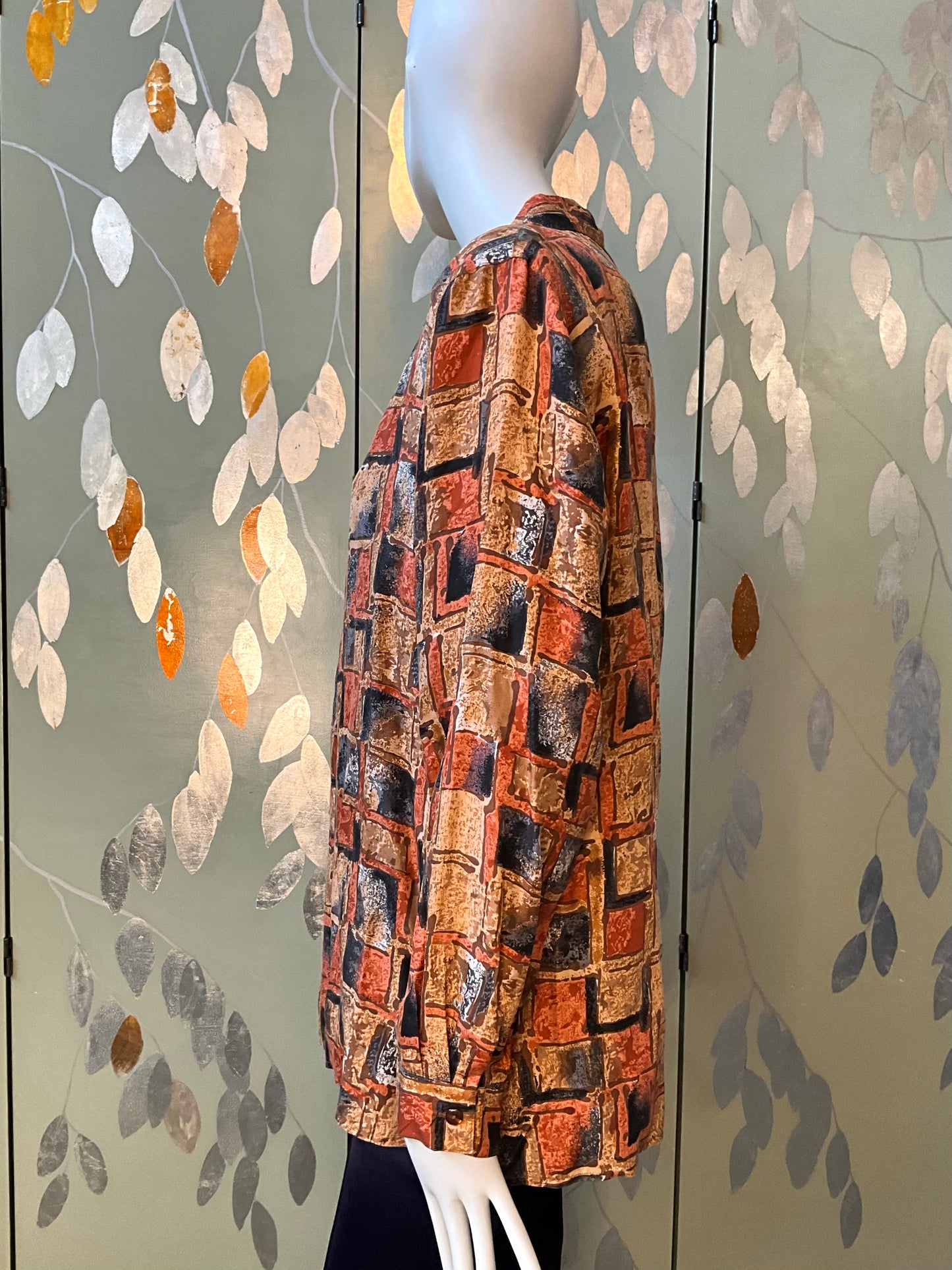 Vintage 1980s Brown Grey Autumnal Geometric Print Long Sleeve Silk Blouse, Large 