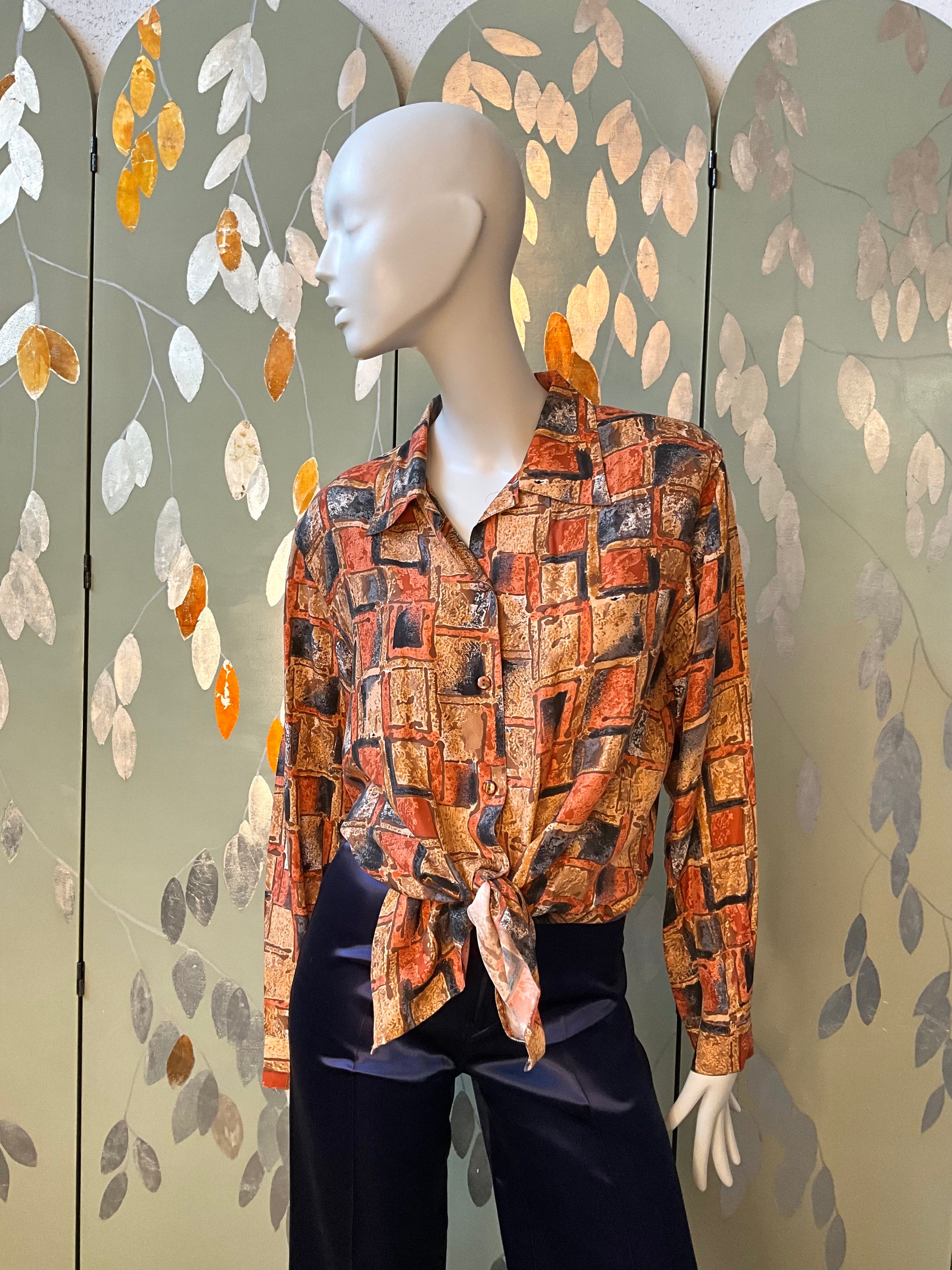 Vintage 1980s Brown Grey Autumnal Geometric Print Long Sleeve Silk Blouse, Large 