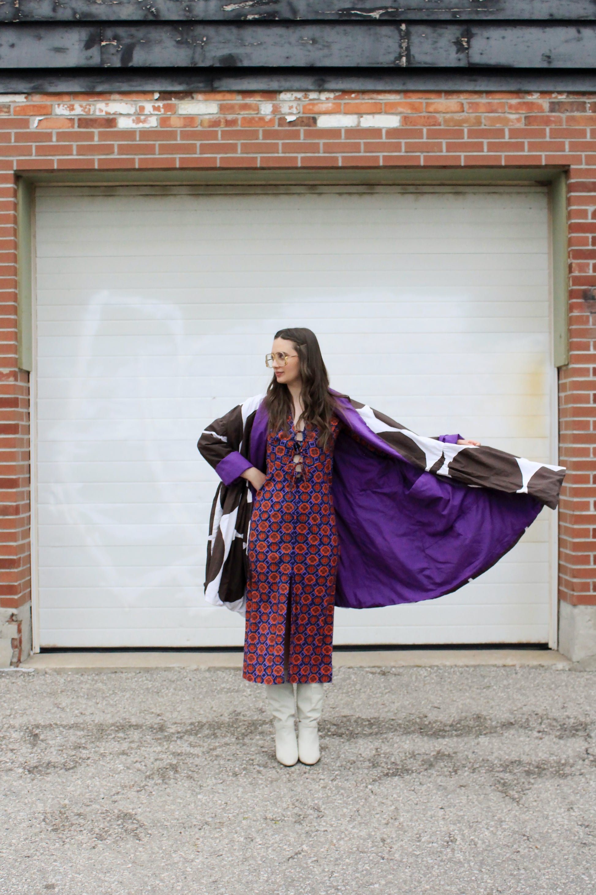 Vintage 1970s Purple and Orange Patterned Long Sleeve Lace-Up Front Maxi Dress, Small