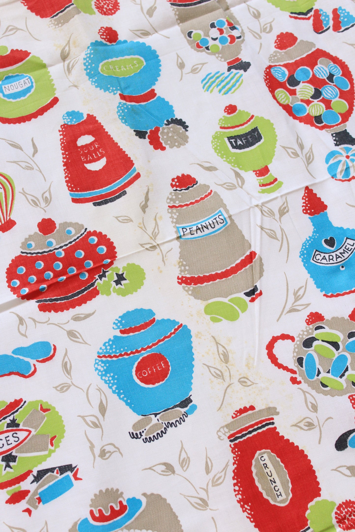1960s Novelty Print Candy Store Jars In Red/Green/Teal Cotton Sewing Fabric, 7.9 Yards