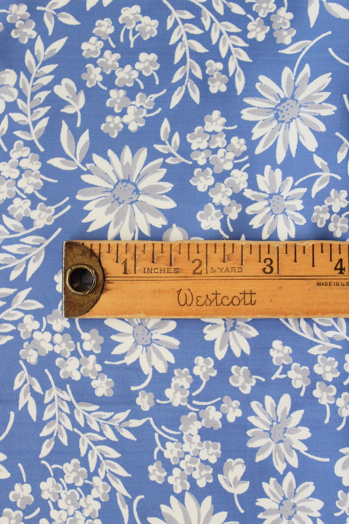 1940s Medium Blue And White Floral Rayon Fabric, 3 Yards