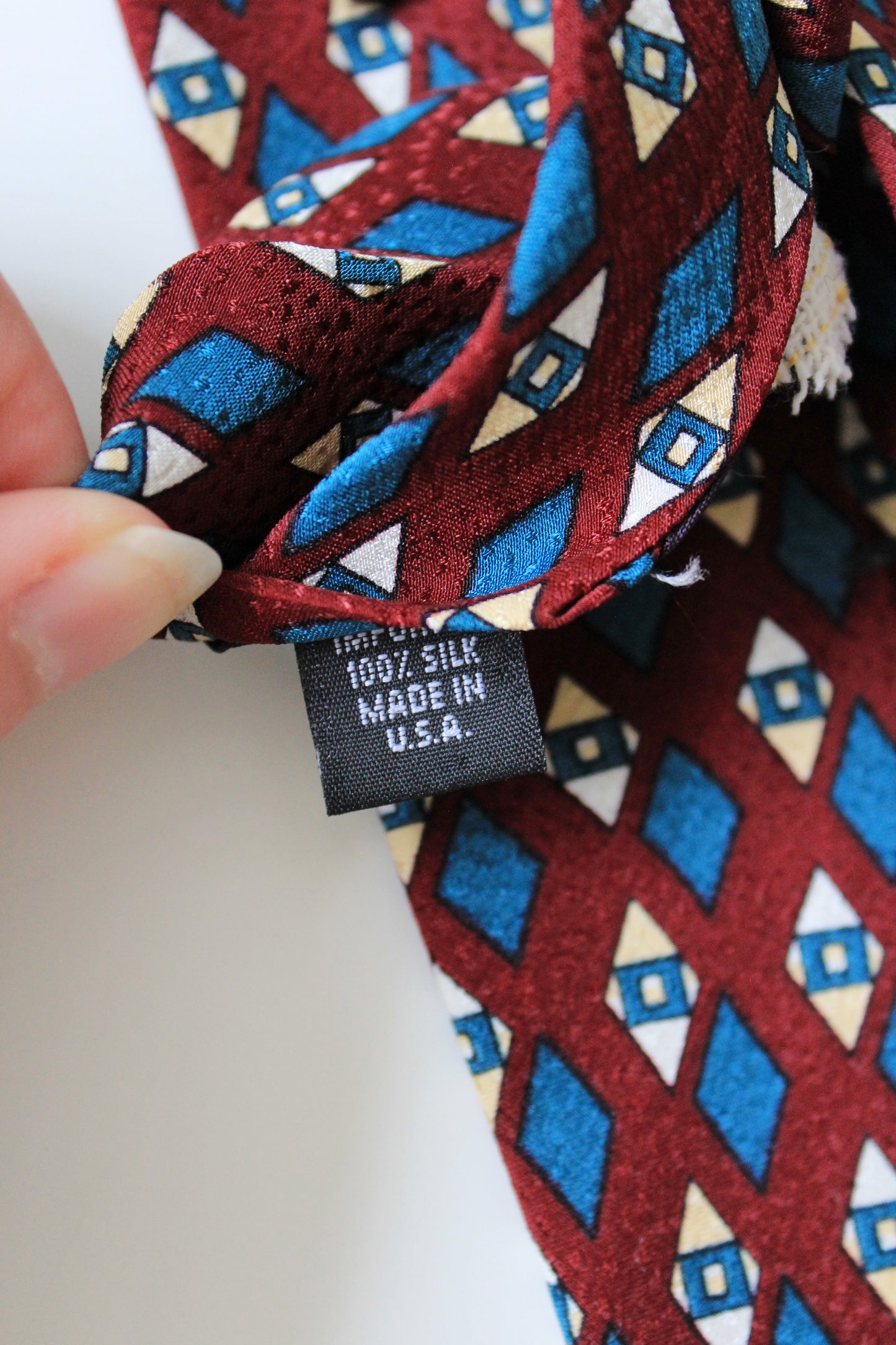 1990s Liberty Of London Burgundy Diamond Silk Designer Tie