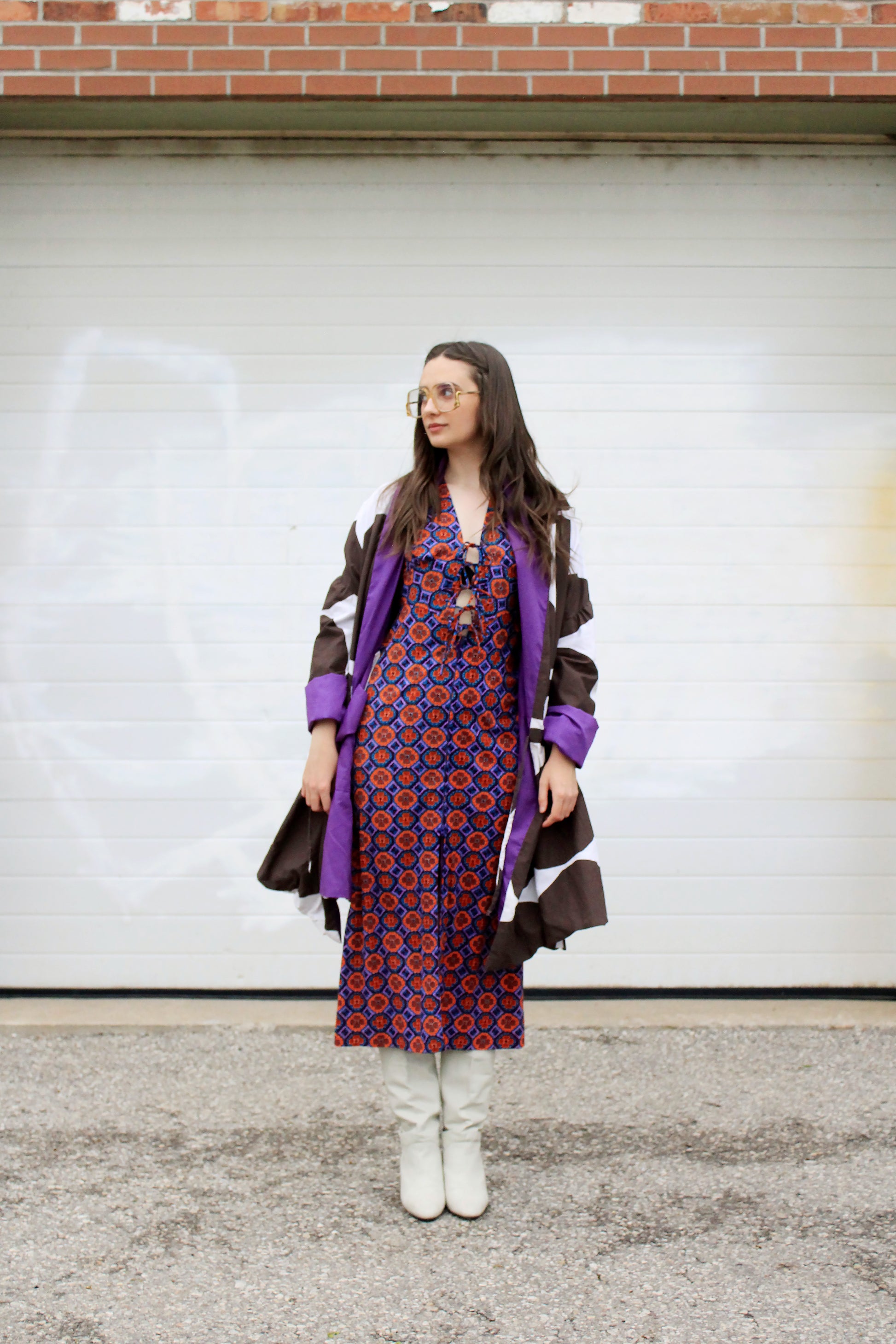 Marimekko Style White and Brown Polka Dot Cotton Reversible Oversized Jacket 