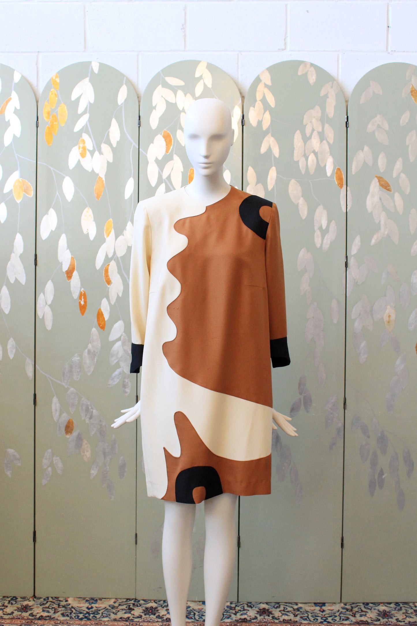 1980s Brown and Cream Graphic Colour Block Shift Dress, Medium