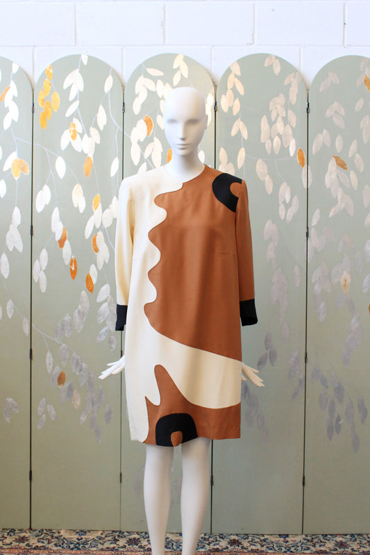 1980s Brown and Cream Graphic Colour Block Shift Dress, Medium