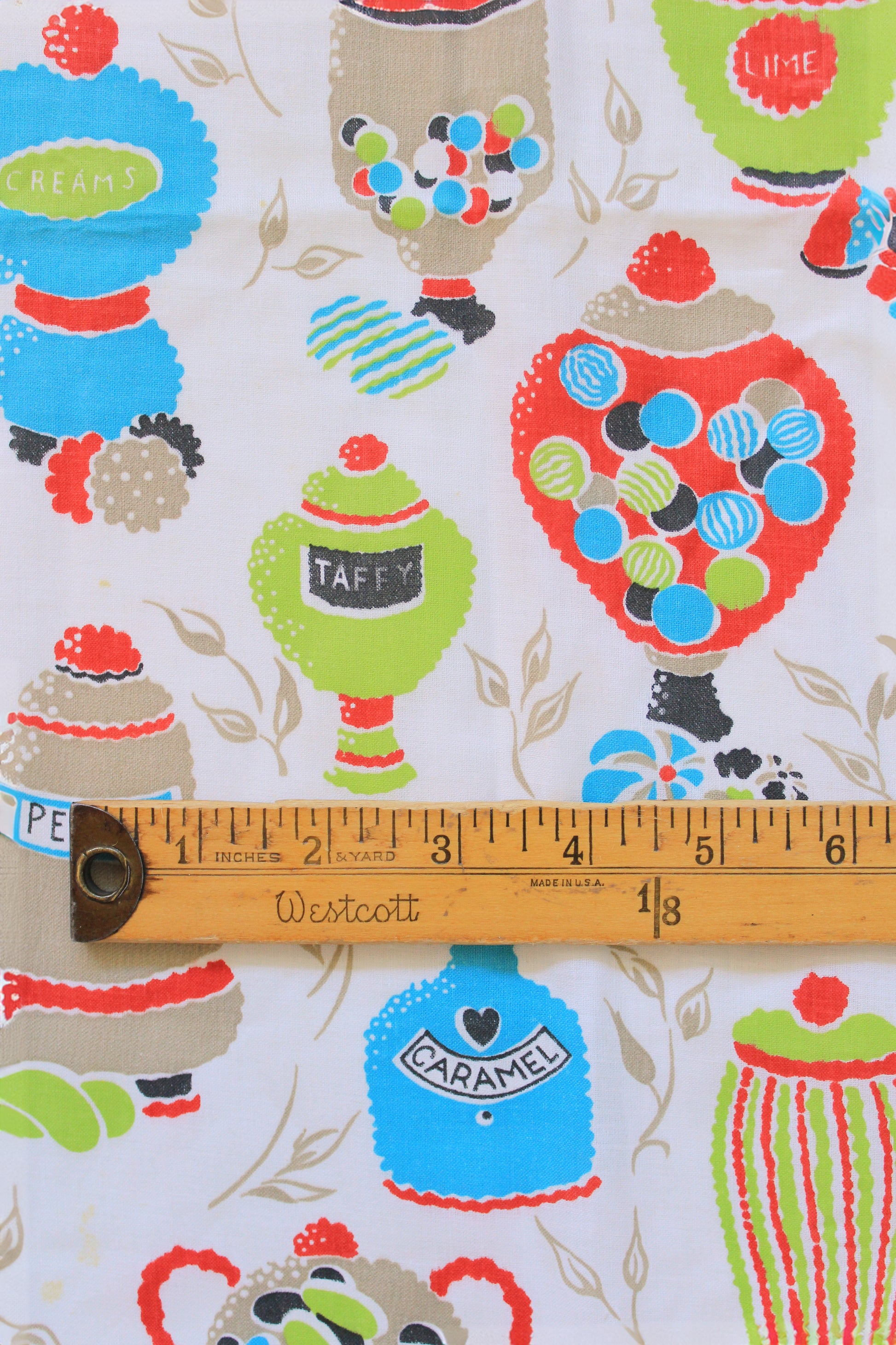 1960s Novelty Print Candy Store Jars In Red/Green/Teal Cotton Sewing Fabric, 7.9 Yards