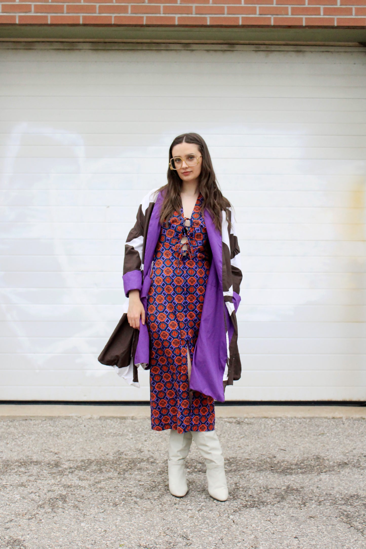 Marimekko Style White and Brown Polka Dot Cotton Reversible Oversized Jacket 