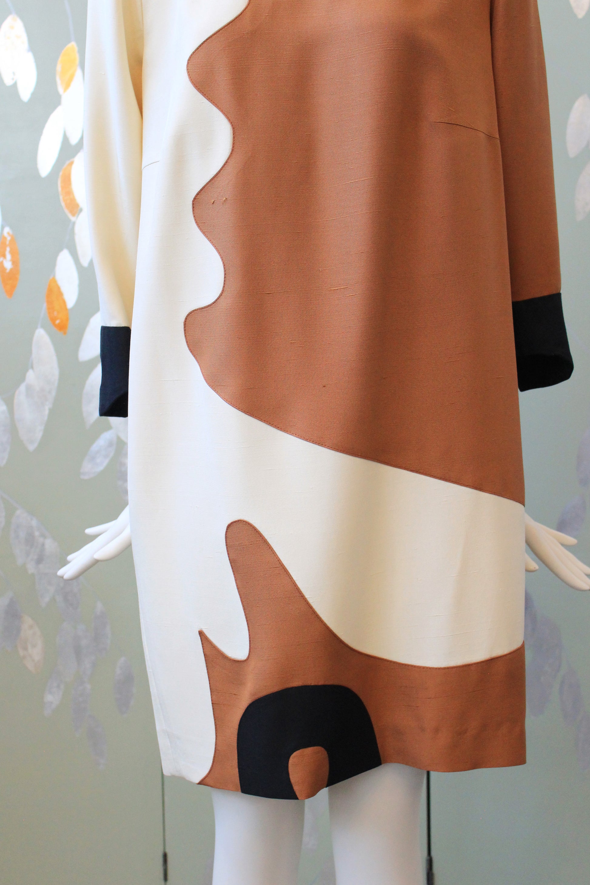1980s Brown and Cream Graphic Colour Block Shift Dress, Medium