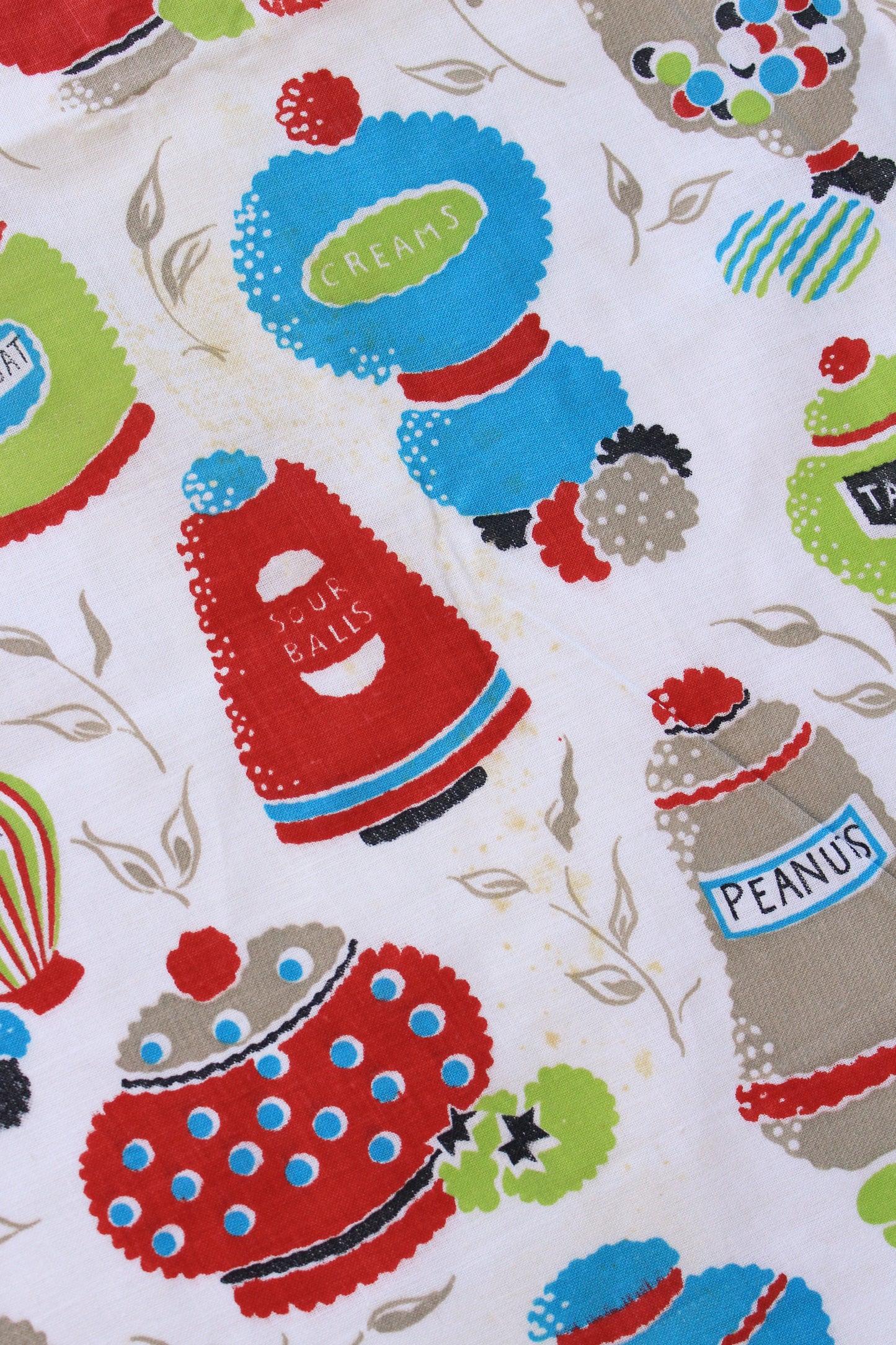 1960s Novelty Print Candy Store Jars In Red/Green/Teal Cotton Sewing Fabric, 7.9 Yards