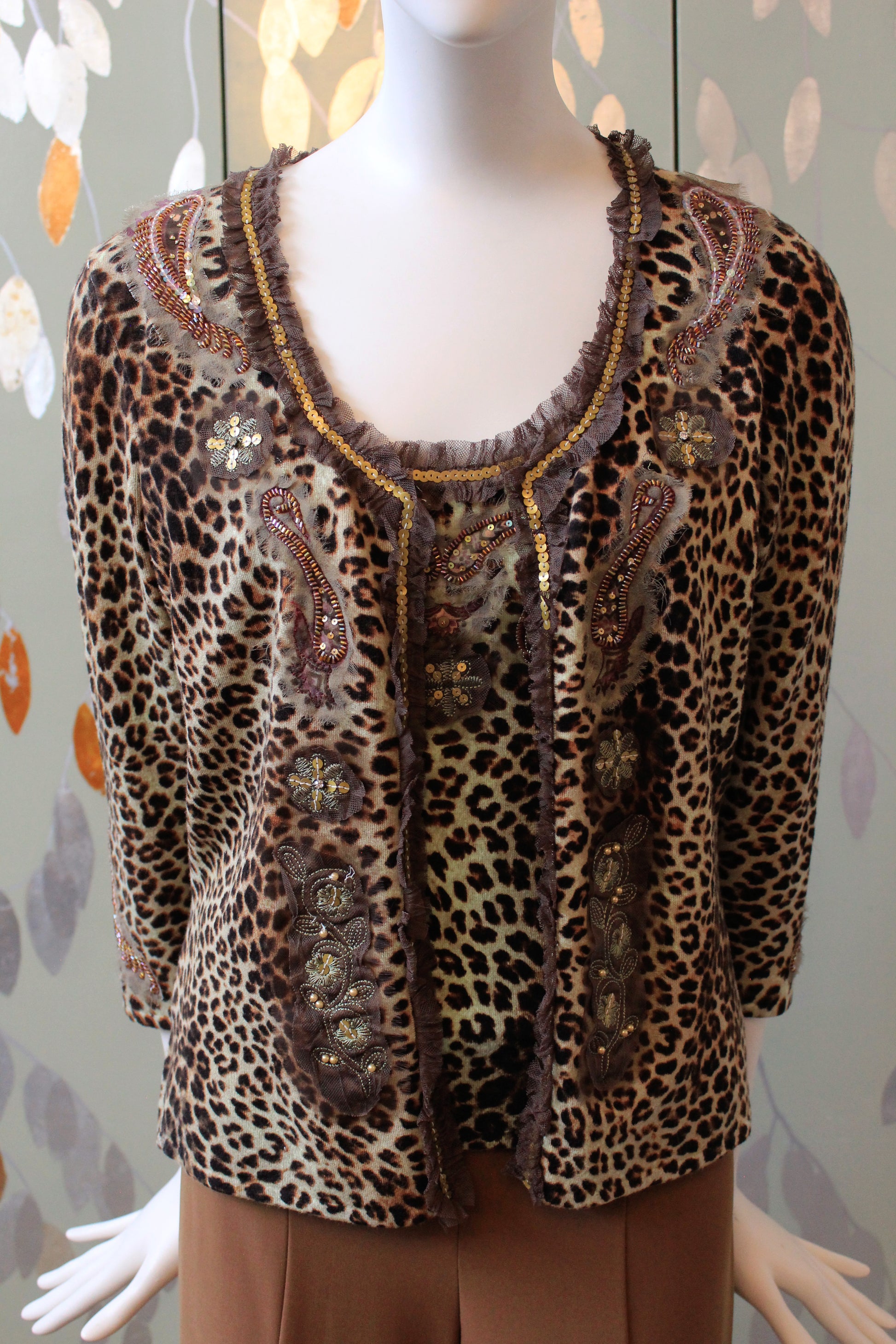 Early 2000s Leopard Print Beaded Tank Top And Cardigan Set, Medium 