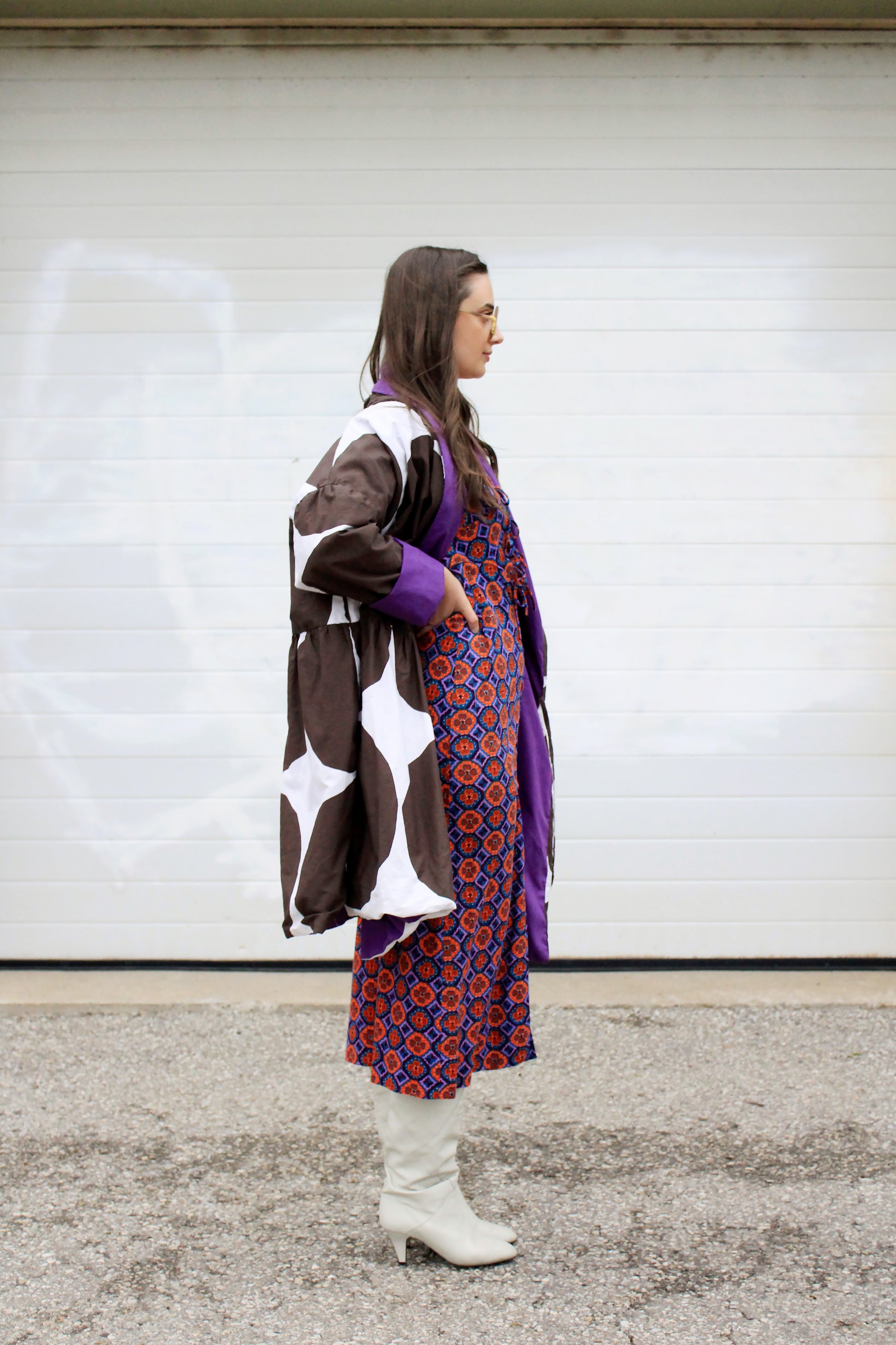 Marimekko Style White and Brown Polka Dot Cotton Reversible Oversized Jacket 