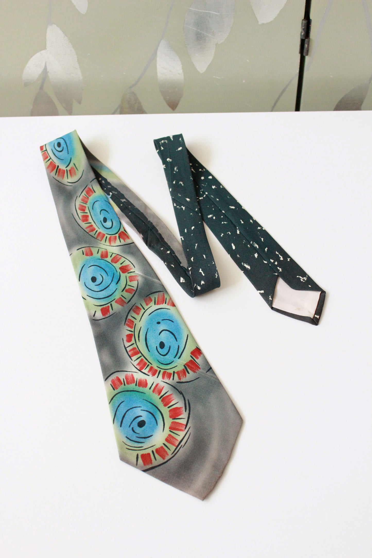 Vintage 1950s forest Green and Teal Abstract Tie, Hand Painted