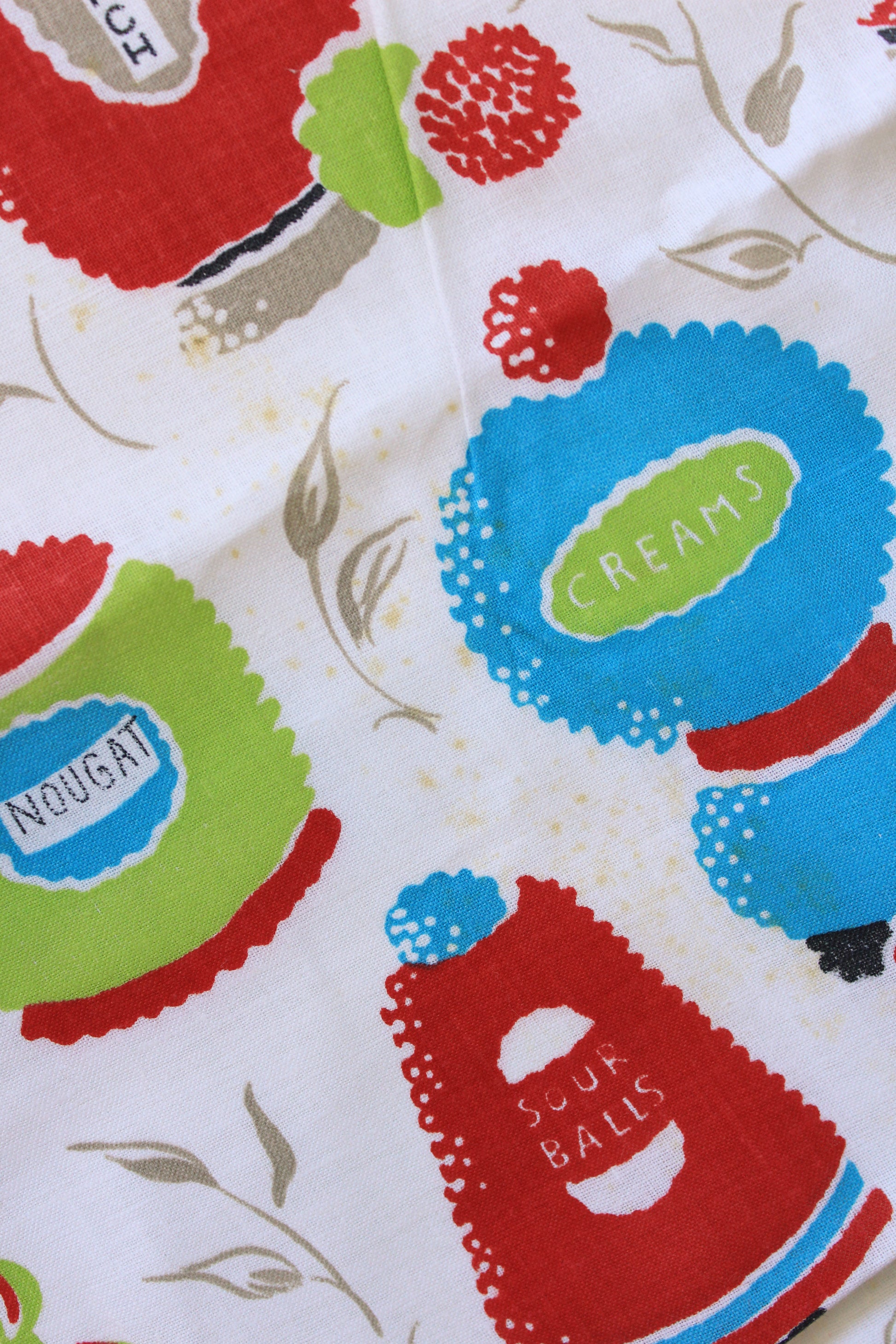 1960s Novelty Print Candy Store Jars In Red/Green/Teal Cotton Sewing Fabric, 7.9 Yards