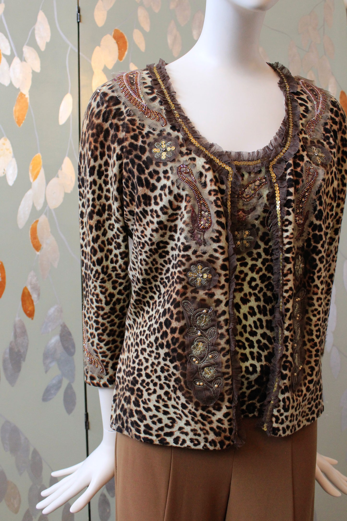 Early 2000s Leopard Print Beaded Tank Top And Cardigan Set, Medium 