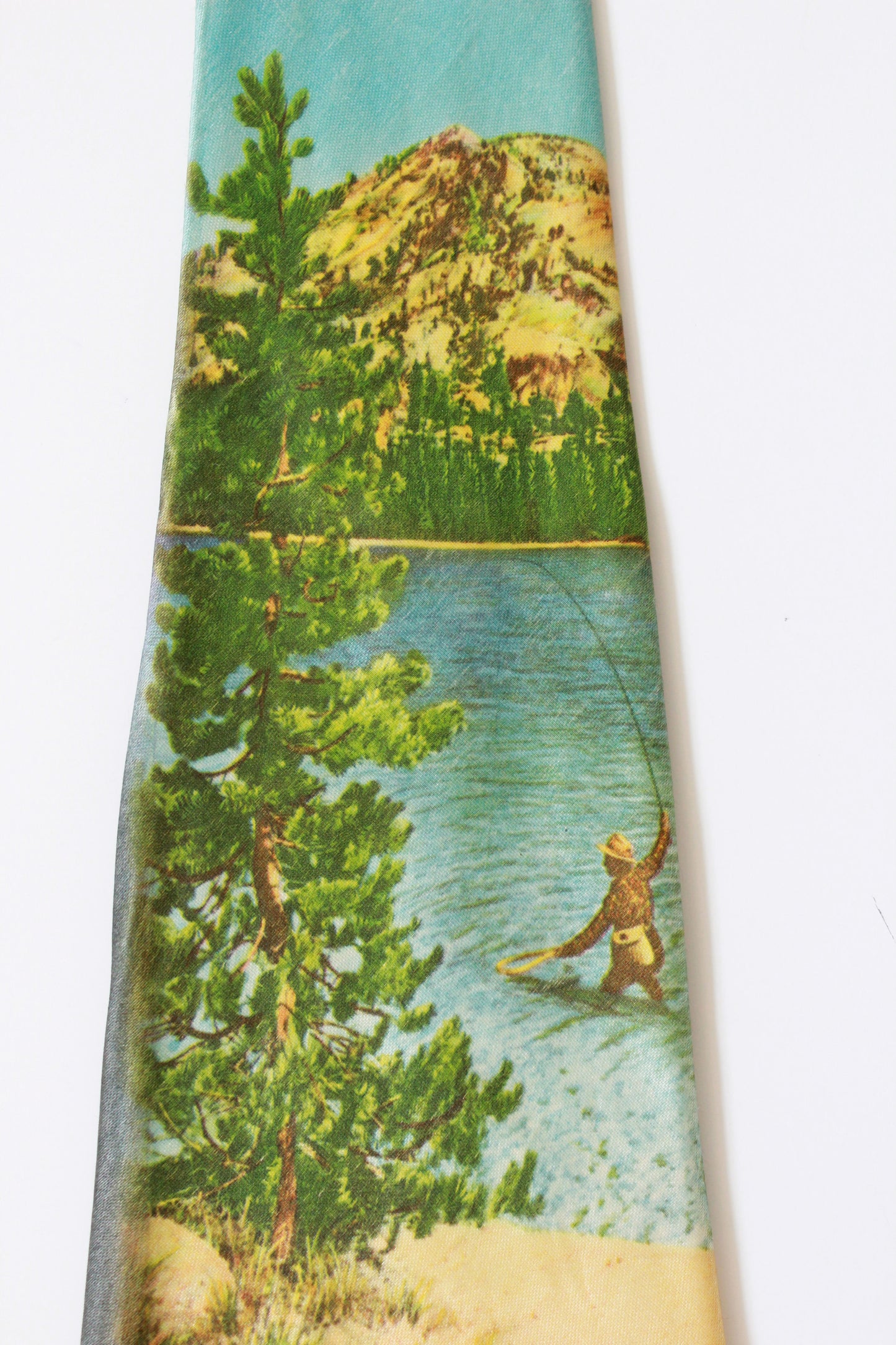 Vintage 1950s Water Fishing Photo Print Rayon Tie, Mid Century 