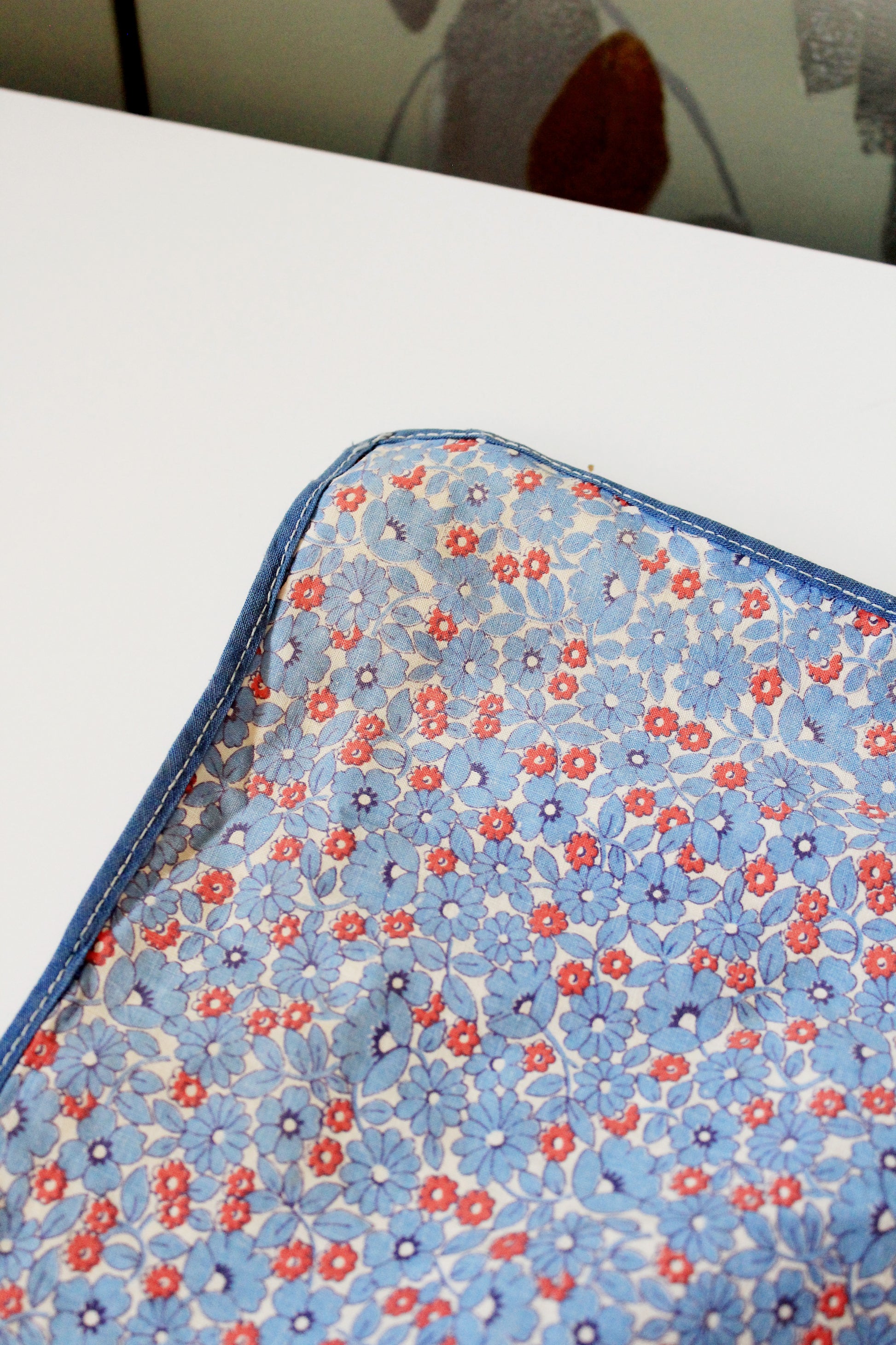 1940s/1950s Light Blue And Red Floral Print Cotton Duvet Cover, 76.5" x 67"