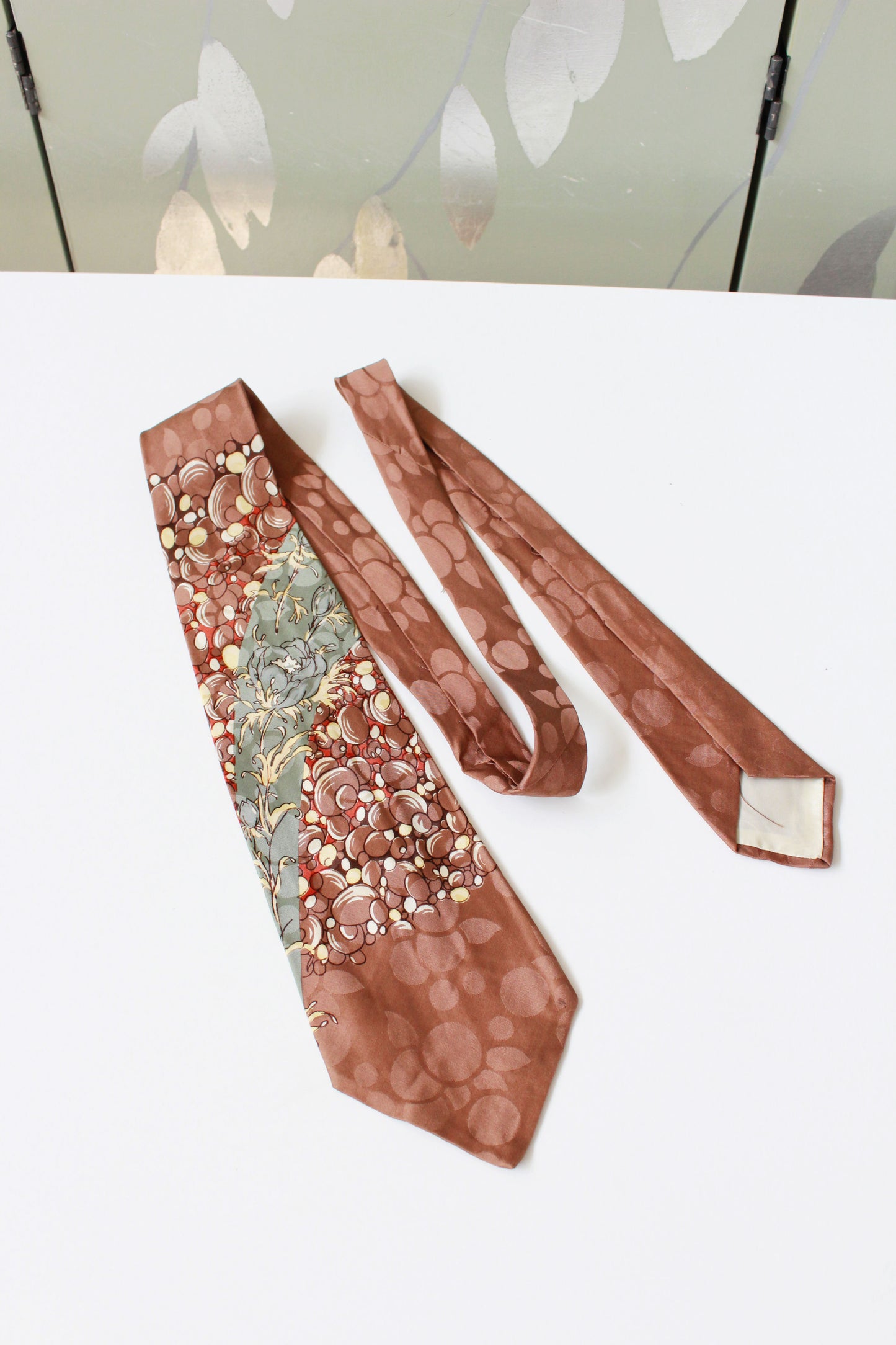 Vintage 1950s Brown And Sage Floral Silk Tie