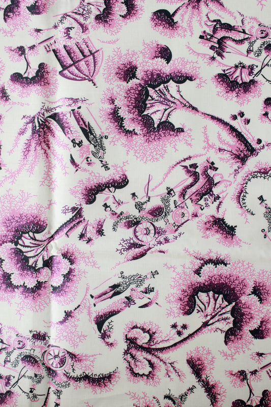 Vintage 1960s/70s Purple Flowers With Old Time Carriage Ride Cotton Fabric, 2.5 Yards