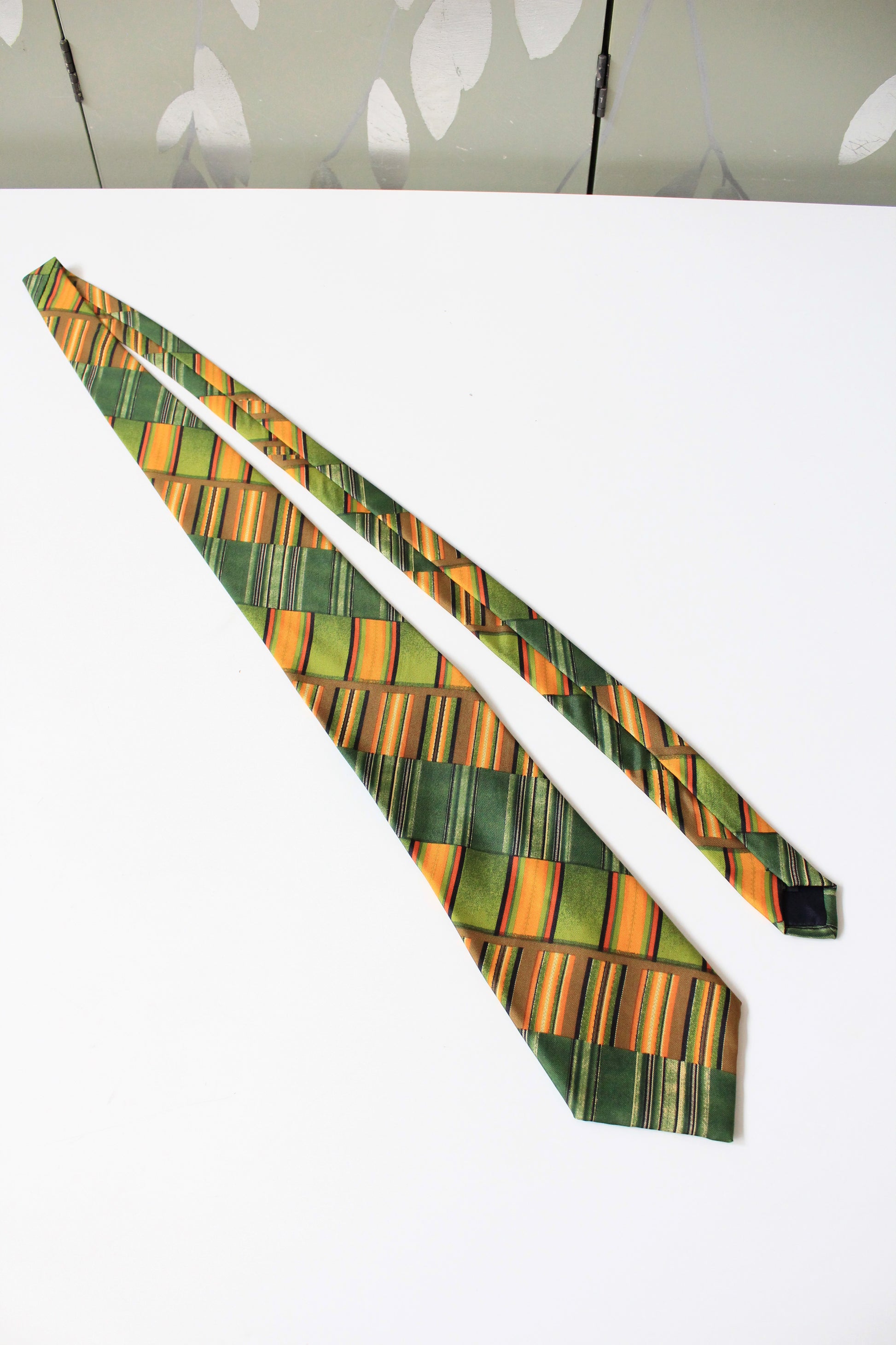 1990s YSL Green And Yellow Graphic Designer Silk Tie