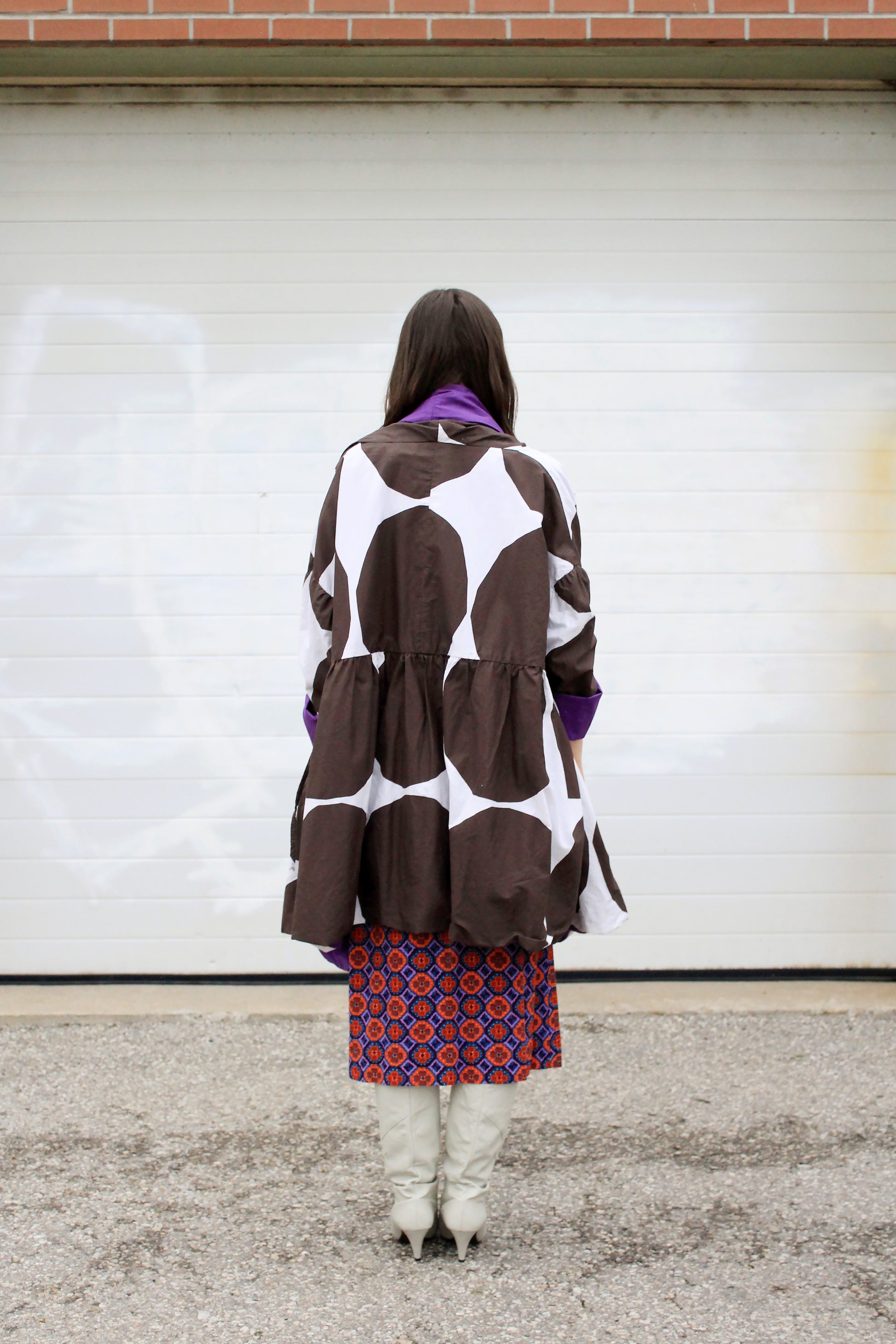 Marimekko Style White and Brown Polka Dot Cotton Reversible Oversized Jacket 