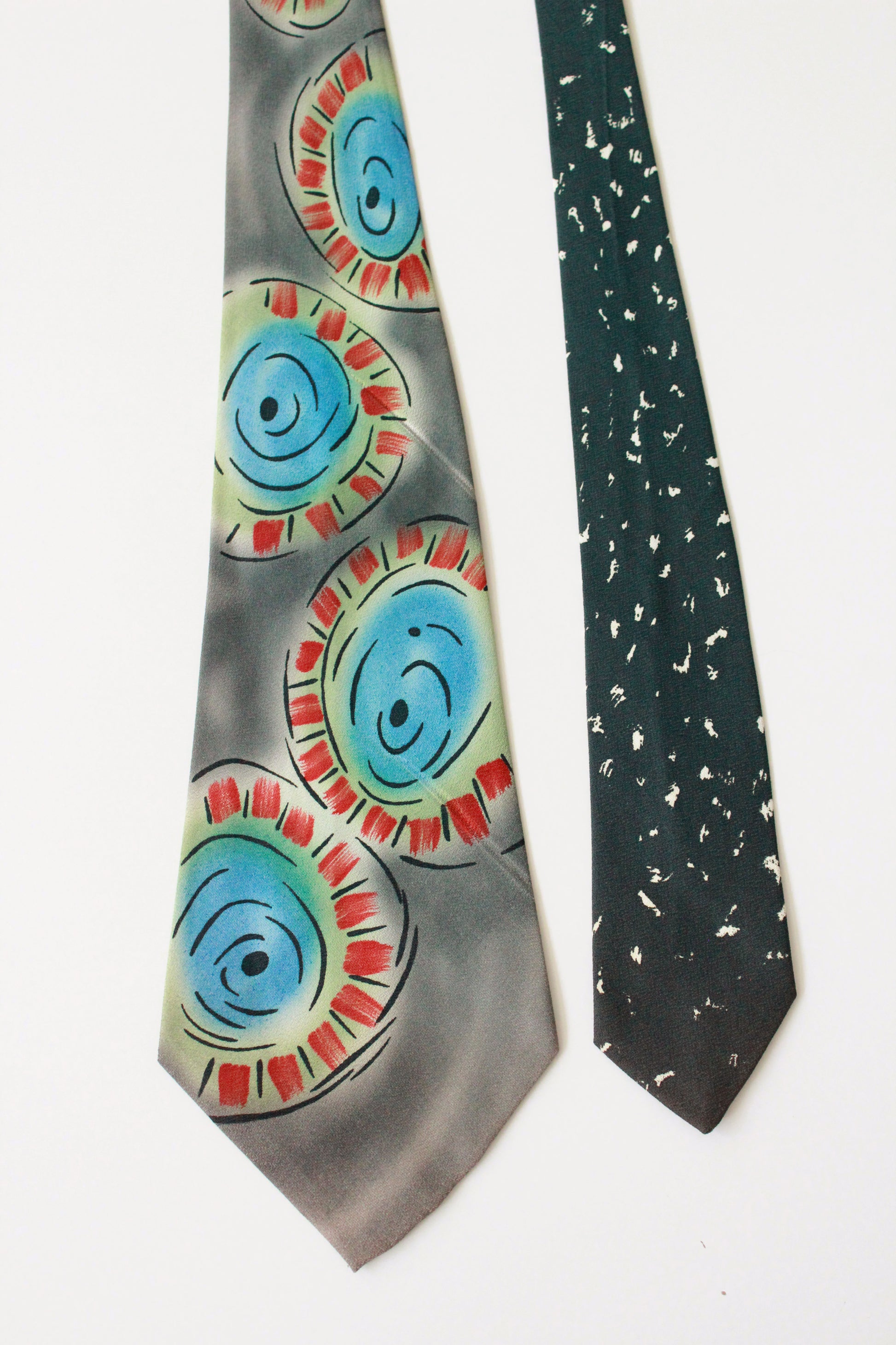 Vintage 1950s forest Green and Teal Abstract Tie, Hand Painted