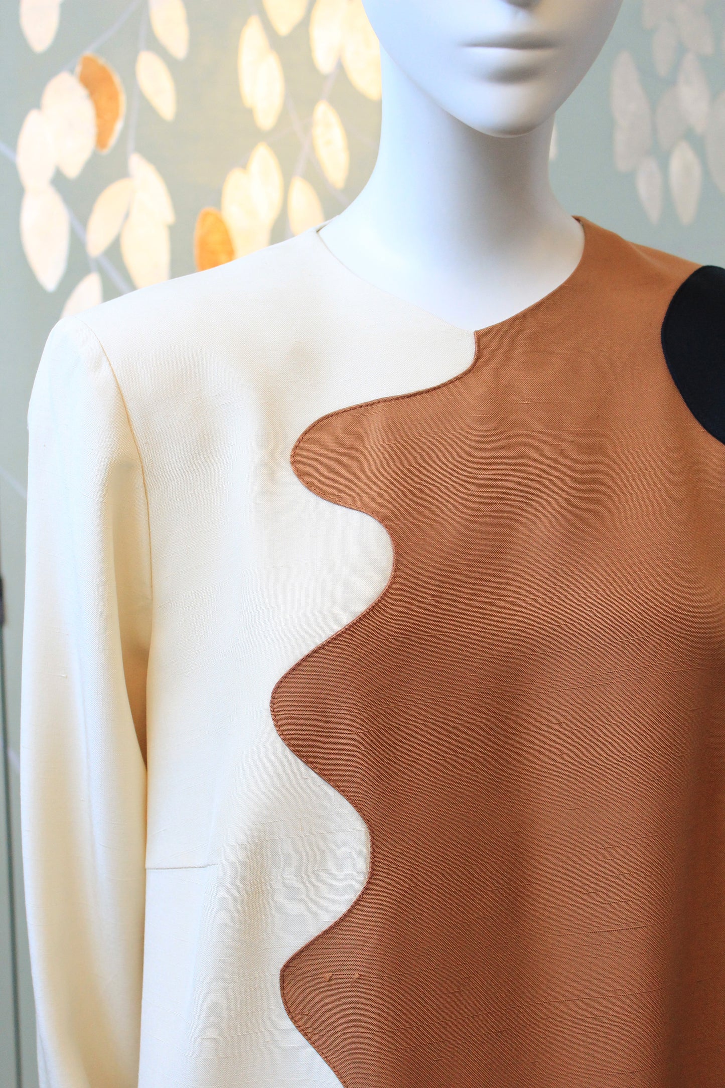 1980s Brown and Cream Graphic Colour Block Shift Dress, Medium