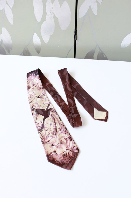 Vintage 1940s Rayon HABAND Tie With Dark Plum Bird