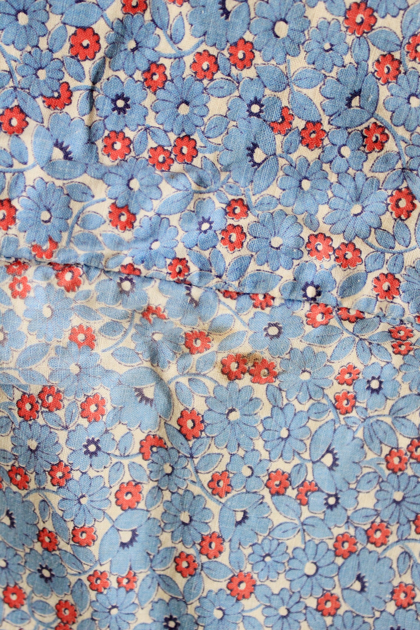 1940s/1950s Light Blue And Red Floral Print Cotton Duvet Cover, 76.5" x 67"