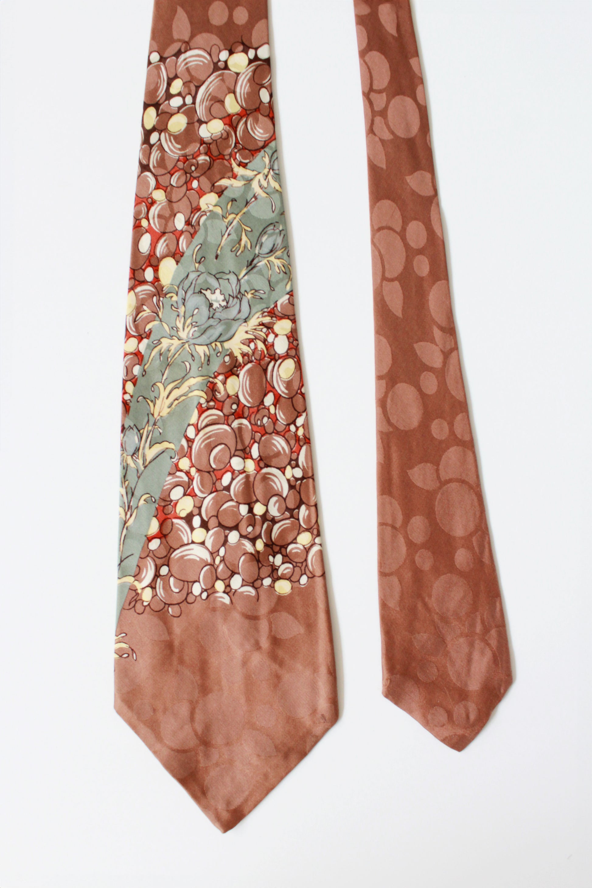 Vintage 1950s Brown And Sage Floral Silk Tie