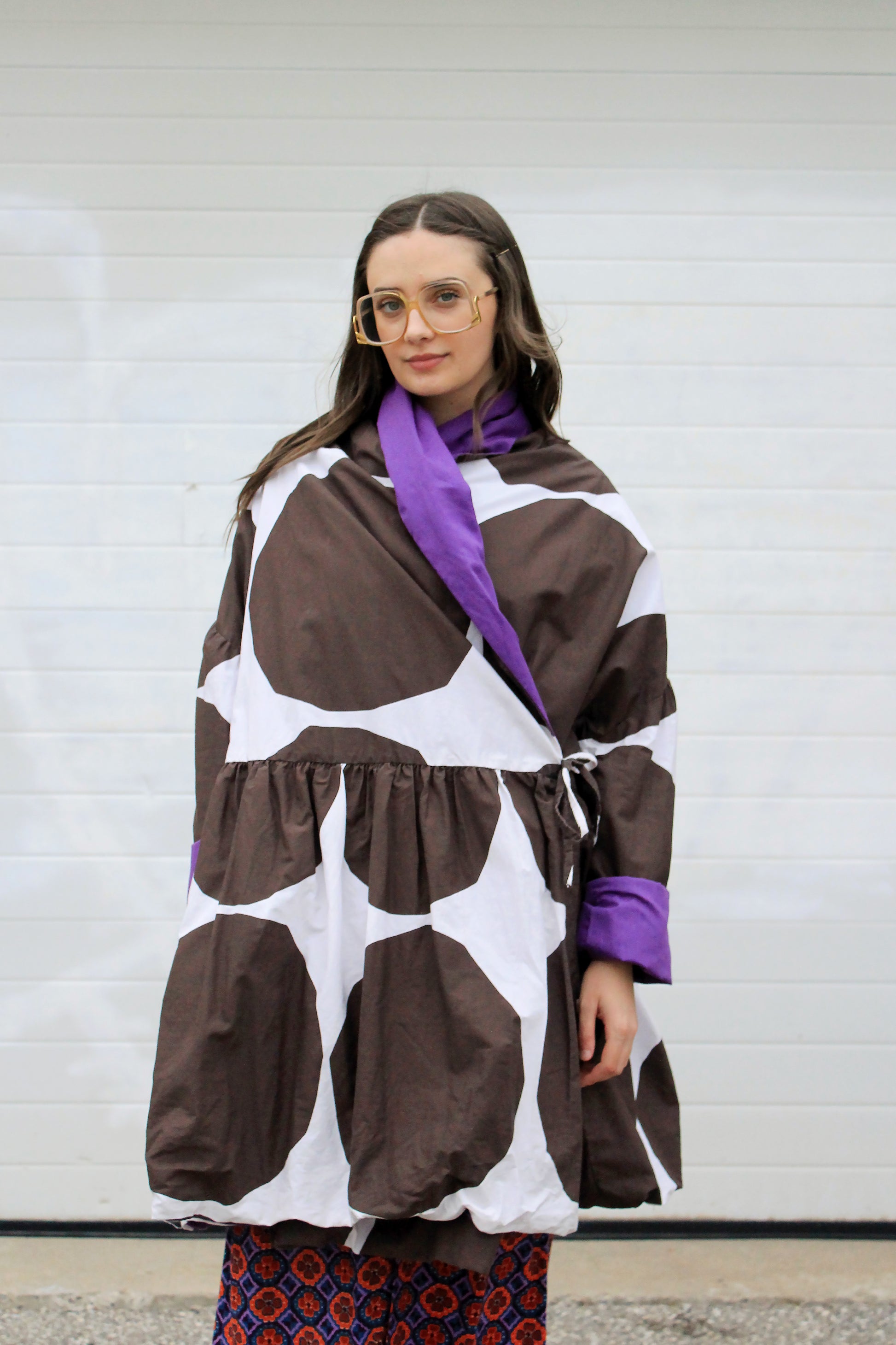 Marimekko Style White and Brown Polka Dot Cotton Reversible Oversized Jacket 