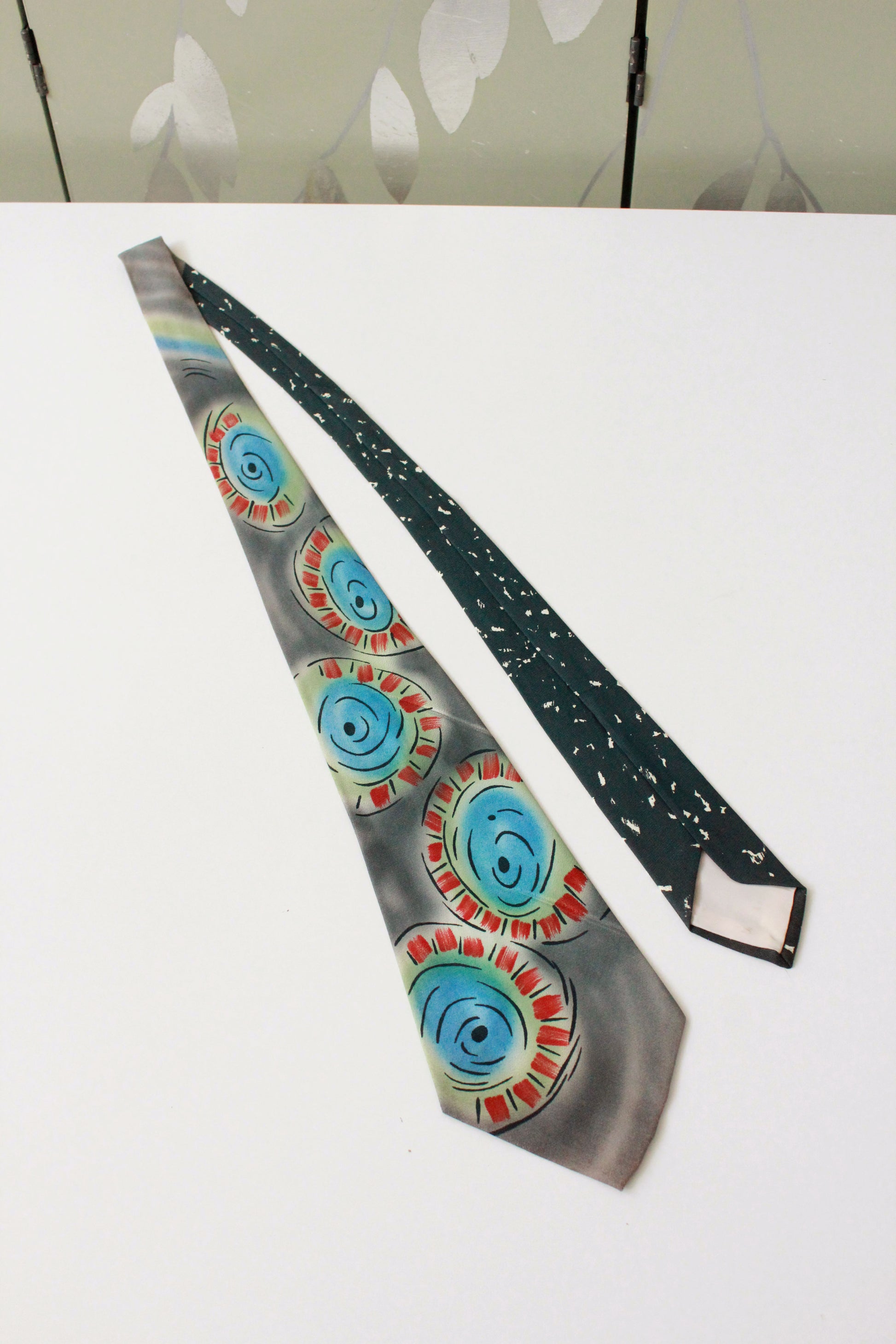 Vintage 1950s forest Green and Teal Abstract Tie, Hand Painted