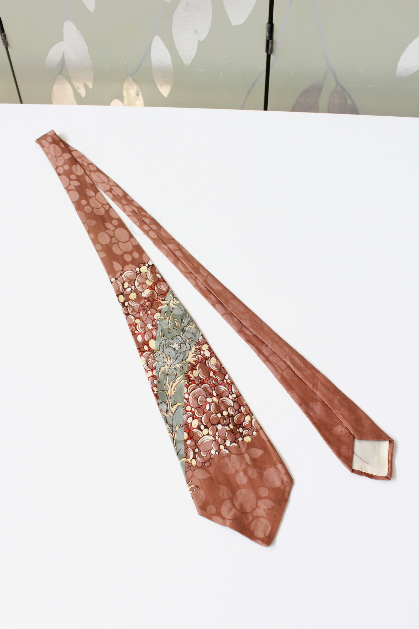 Vintage 1950s Brown And Sage Floral Silk Tie