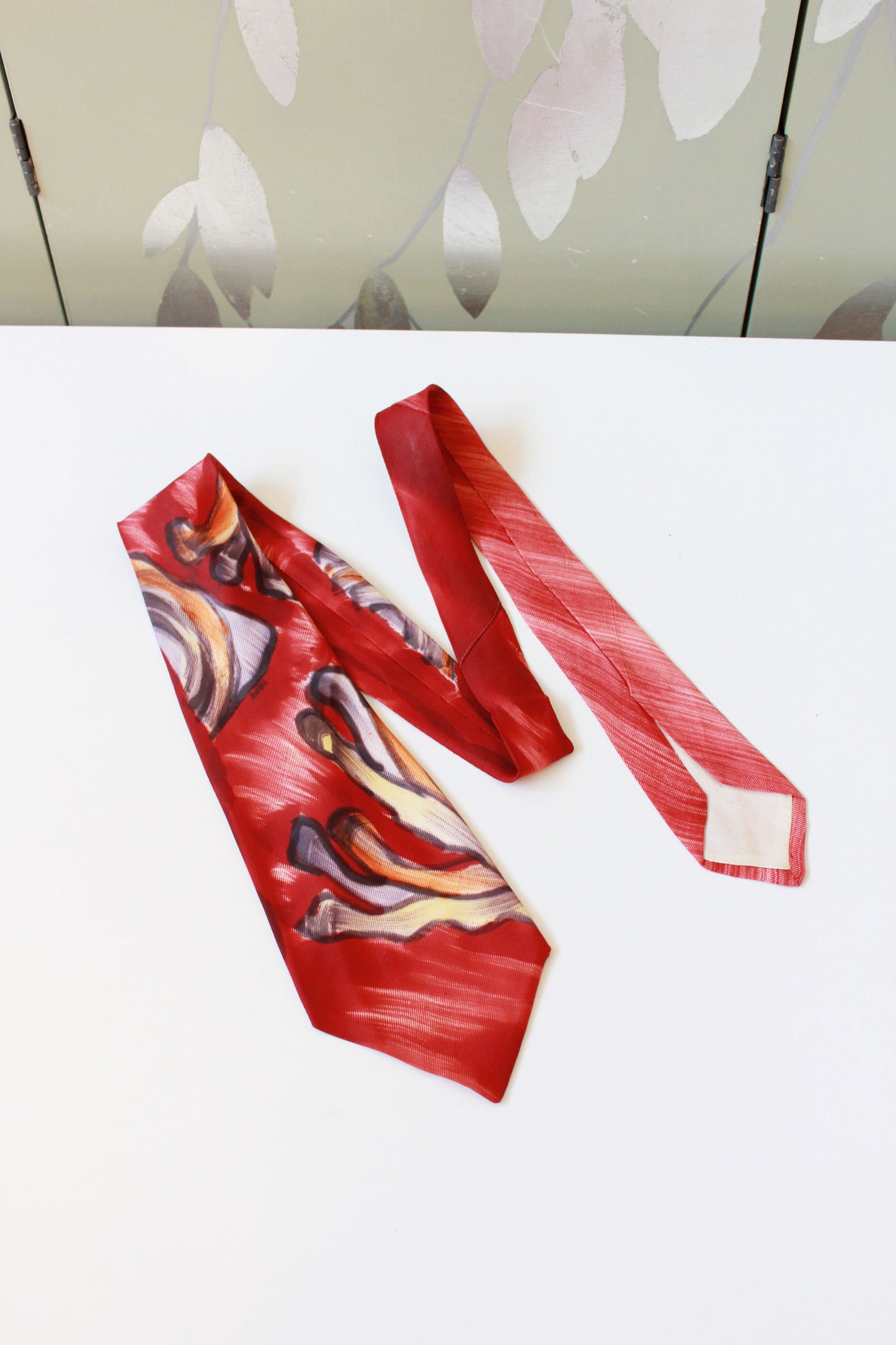 Vintage 1940s Abstract Red And Yellow Hand Painted Rayon Tie