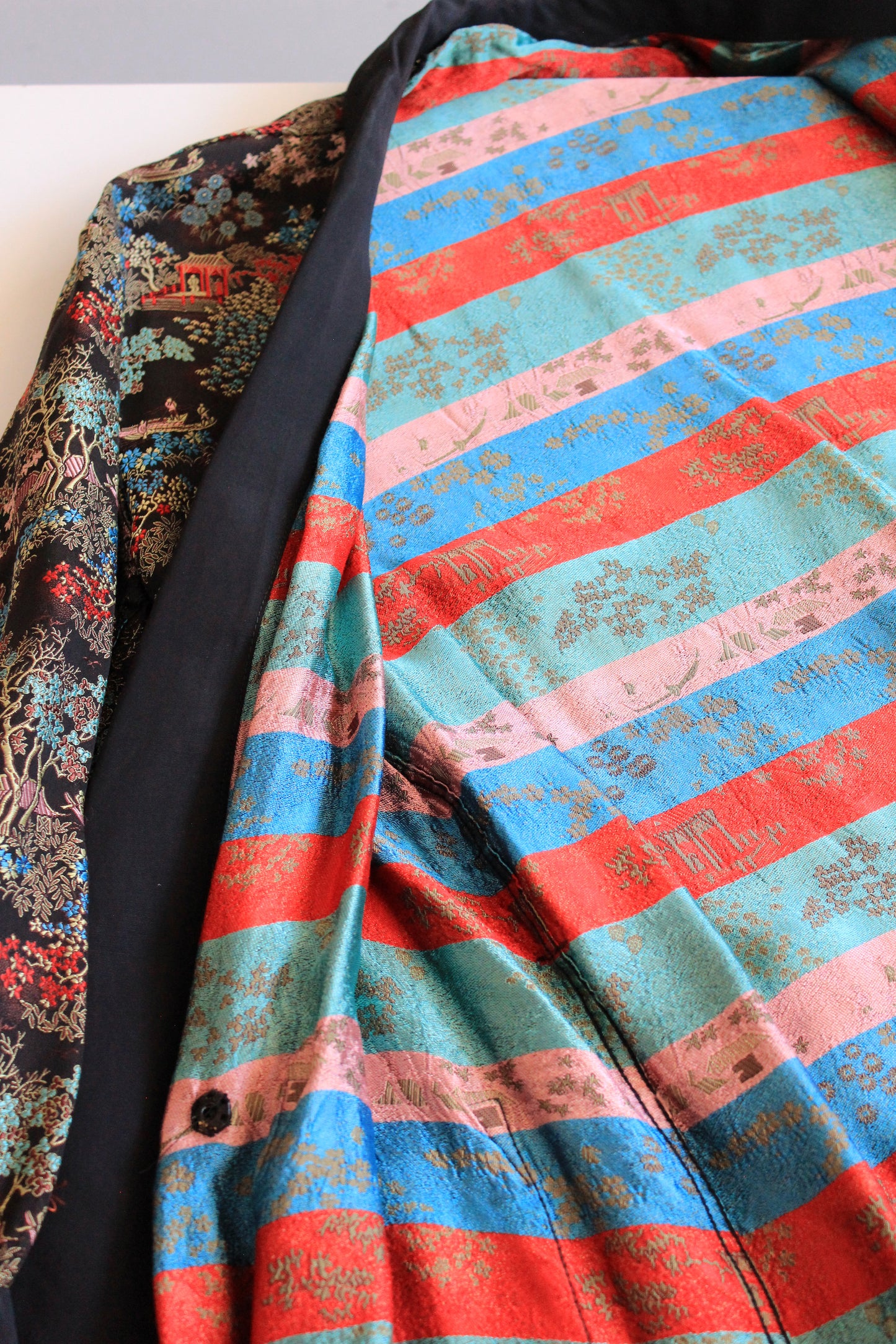 1950s Black Silk Robe With Chinese Flowers Motif, Medium