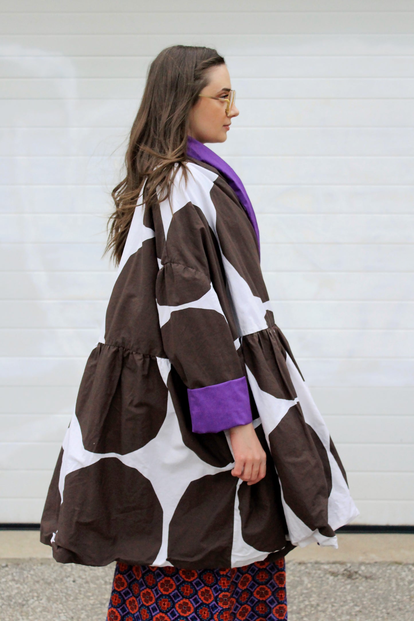 Marimekko Style White and Brown Polka Dot Cotton Reversible Oversized Jacket 
