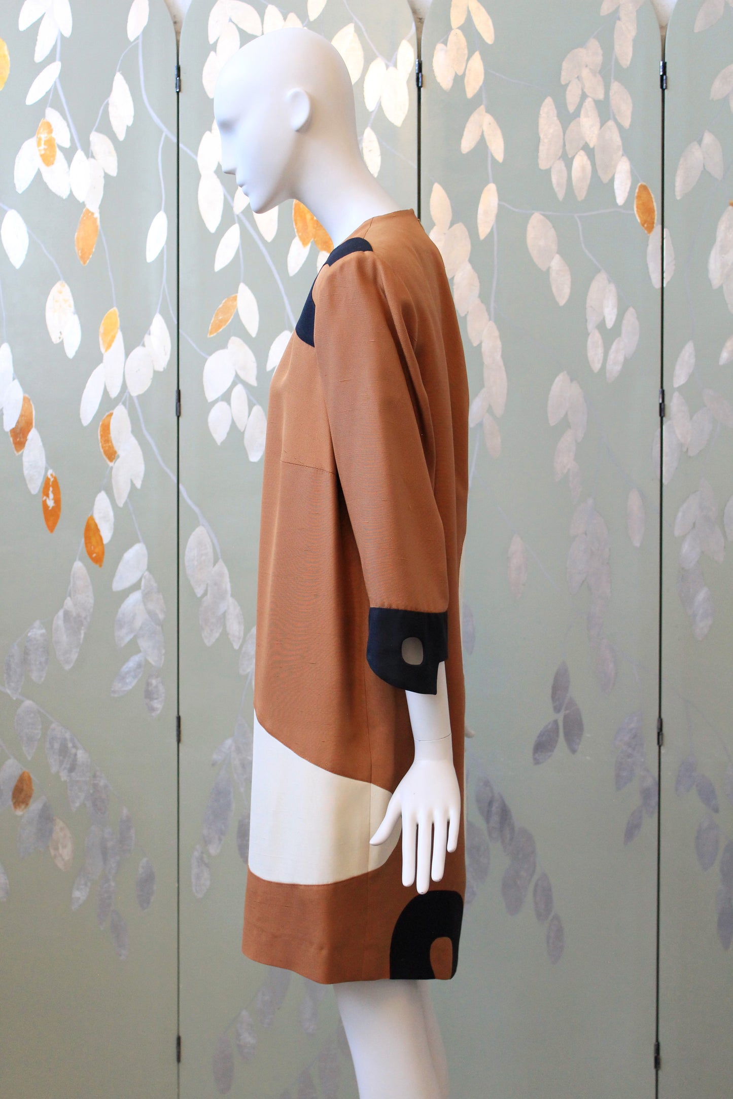 1980s Brown and Cream Graphic Colour Block Shift Dress, Medium