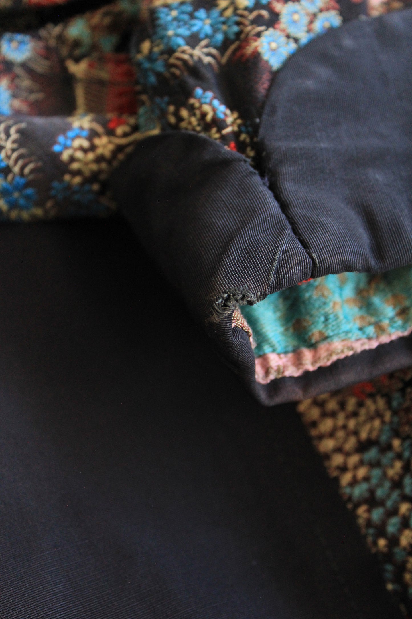 1950s Black Silk Robe With Chinese Flowers Motif, Medium