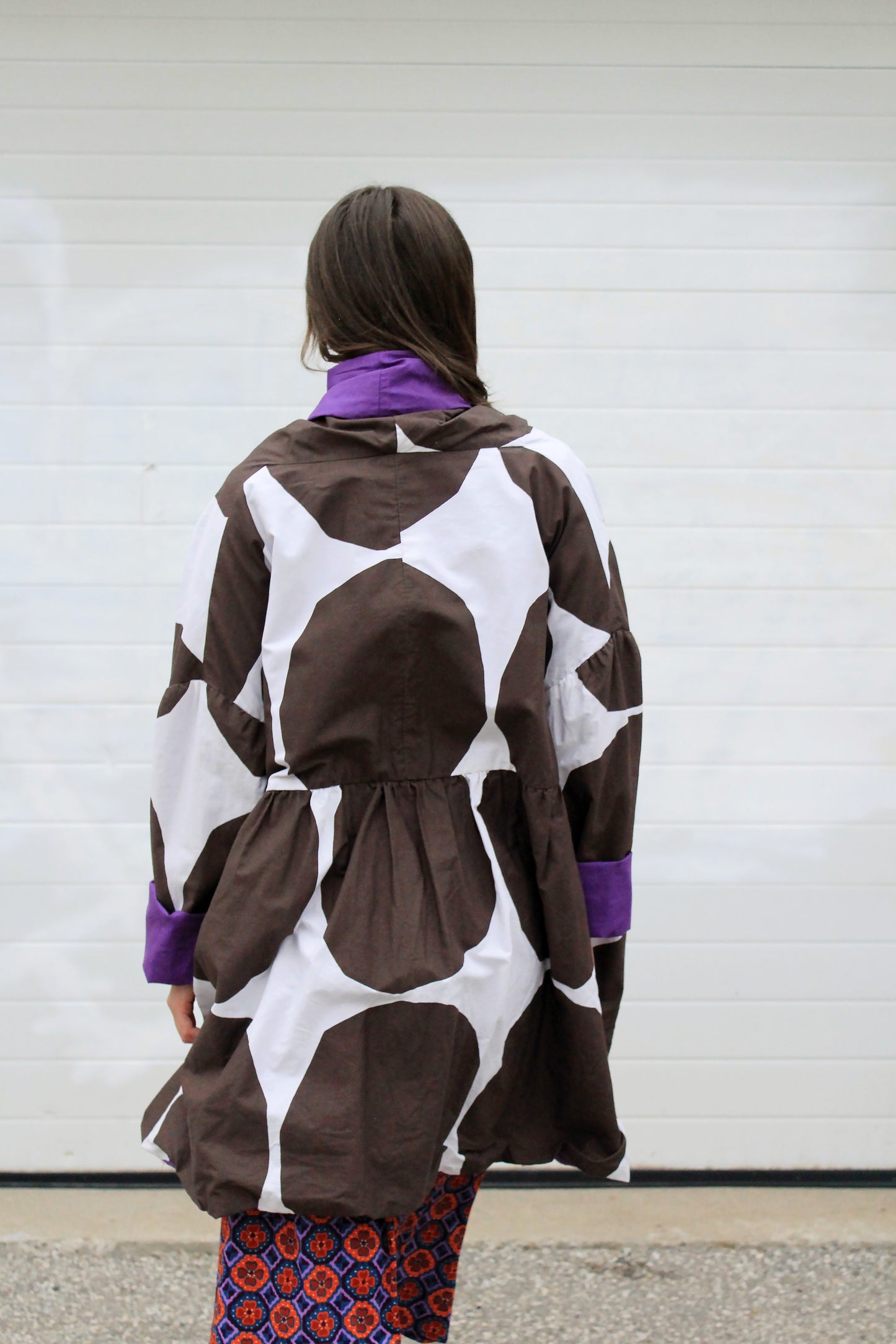 Marimekko Style White and Brown Polka Dot Cotton Reversible Oversized Jacket 
