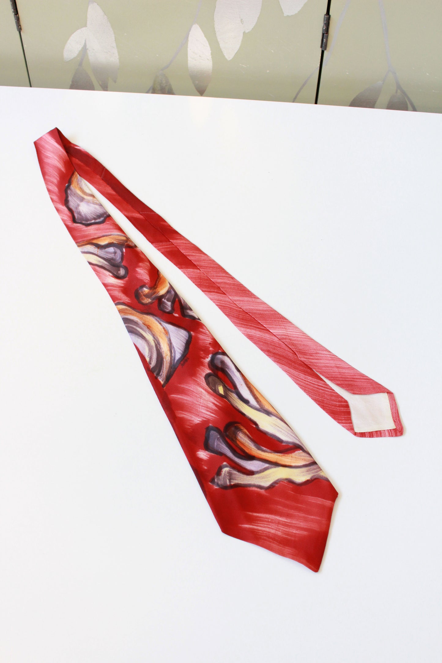 Vintage 1940s Abstract Red And Yellow Hand Painted Rayon Tie